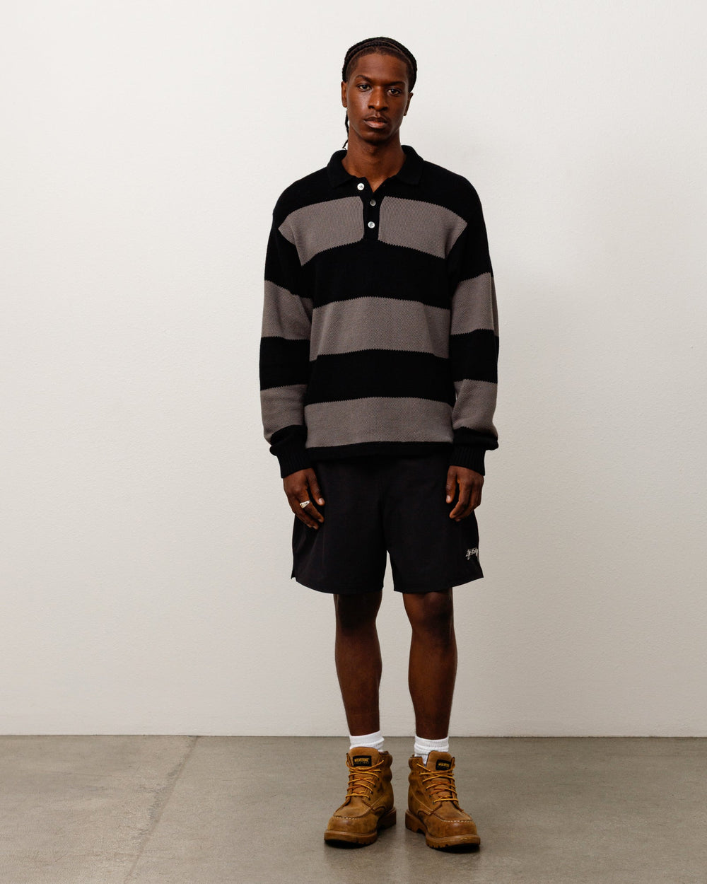 Pique Knit Stripe Rugby Unisex Long Sleeve In Black | product-card-slider