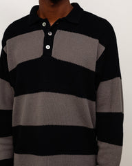 Pique Knit Stripe Rugby Unisex Long Sleeve In Black