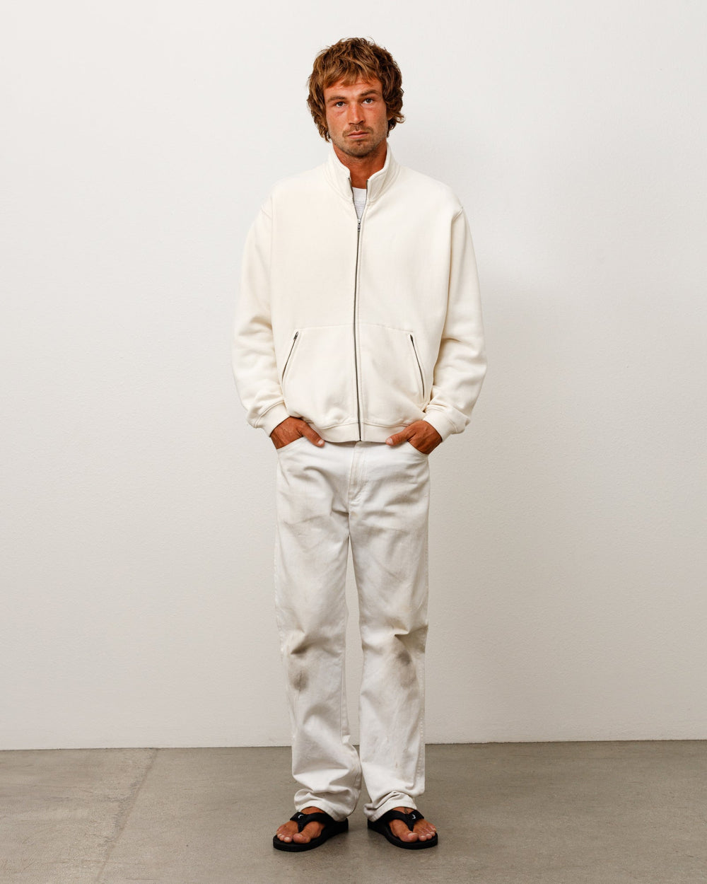 Zip Fleece Mock Neck Unisex Long Sleeve In Cream | product-card-slider