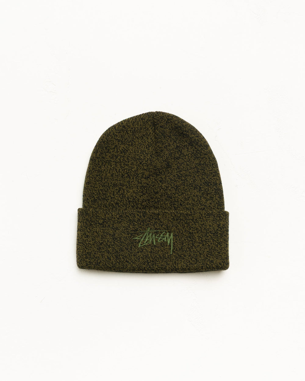 Stüssy Stock Cuff Beanie, unisex, marled olive acrylic with stock logo embroidery | hero:main:collection:new-arrivals,shirts,tops-shirts,all,tees,outerwear,denim,knits,accessories,sunglasses,hoodies,sweats,mens-hoodies-sweatshirts,shorts,pants,bottoms,crew-sweats,zip-ups,swim,sweatpants,graphics,lazy-tees,mens-swim,womens-swim,swim,basic-9twenty,button-ups,jerseys,thermals,shorts,trunks,cargos,denim-jeans,bottoms,bags,belts,wearables,gear,footwear,button-ups,basic-tops,jerseys, | product-card-slider