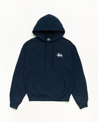 Basic Stüssy Hoodie Unisex in Navy, fleece pullover with kangaroo pocket, front flat | product-card-slider
