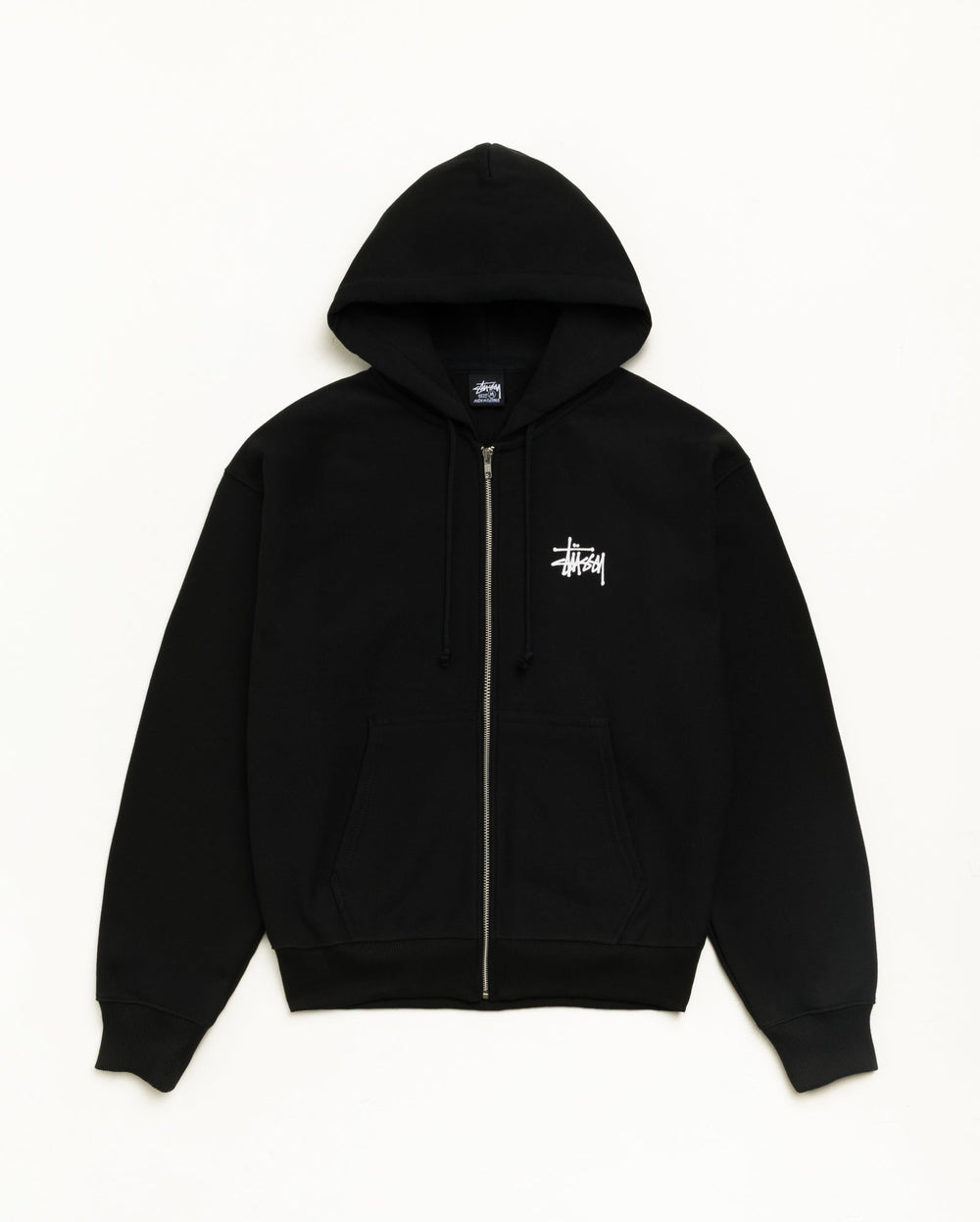 Basic Stüssy Zip Hoodie in Black | hero:main:collection:new-arrivals,shirts,tops-shirts,all,tees,outerwear,denim,knits,accessories,sunglasses,hoodies,sweats,mens-hoodies-sweatshirts,shorts,pants,bottoms,crew-sweats,zip-ups,swim,sweatpants, | product-card-slider