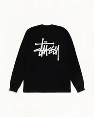 Basic Stüssy LS Tee unisex long-sleeve in black with white back logo print | hero:main:collection:new-arrivals,shirts,tops-shirts,all,tees,outerwear,denim,crew-sweats,knits,accessories,sunglasses,hoodies,sweats,mens-hoodies-sweatshirts,shorts,pants,bottoms,basic-stussy-sweats,basic-stussy-tees, | product-card-slider