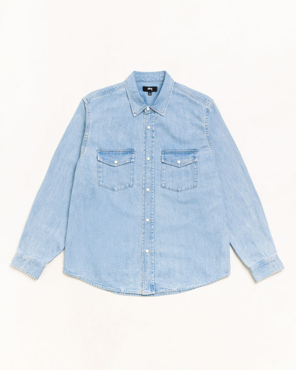 Denim Western Shirt Unisex Long Sleeve In Light Denim | hero:main:collection:new-arrivals,shirts,tops-shirts,all,tees,outerwear,denim,knits,accessories,sunglasses,hoodies,sweats,mens-hoodies-sweatshirts,shorts,pants,bottoms,crew-sweats,zip-ups,swim,sweatpants,graphics,lazy-tees,swim,basic-9twenty,button-ups,shorts,cargos,denim-jeans,bottoms,bags,belts,wearables,gear,footwear,button-ups,basic-tops,jerseys,big-ol,classics,slim,jackets,all, | product-card-slider