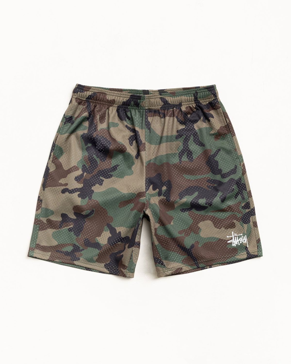 Stüssy Basic Mesh Short, men's regular fit in Woodland Camo | hero:main:collection:new-arrivals,shirts,tops-shirts,all,tees,outerwear,denim,knits,accessories,sunglasses,hoodies,sweats,mens-hoodies-sweatshirts,shorts,pants,bottoms,crew-sweats,zip-ups,swim,sweatpants,graphics,lazy-tees,mens-swim,womens-swim,swim,basic-9twenty,button-ups,jerseys,thermals,shorts,trunks,cargos,denim-jeans,bottoms,bags,belts,wearables,gear,footwear,button-ups,basic-tops,jerseys, | product-card-slider