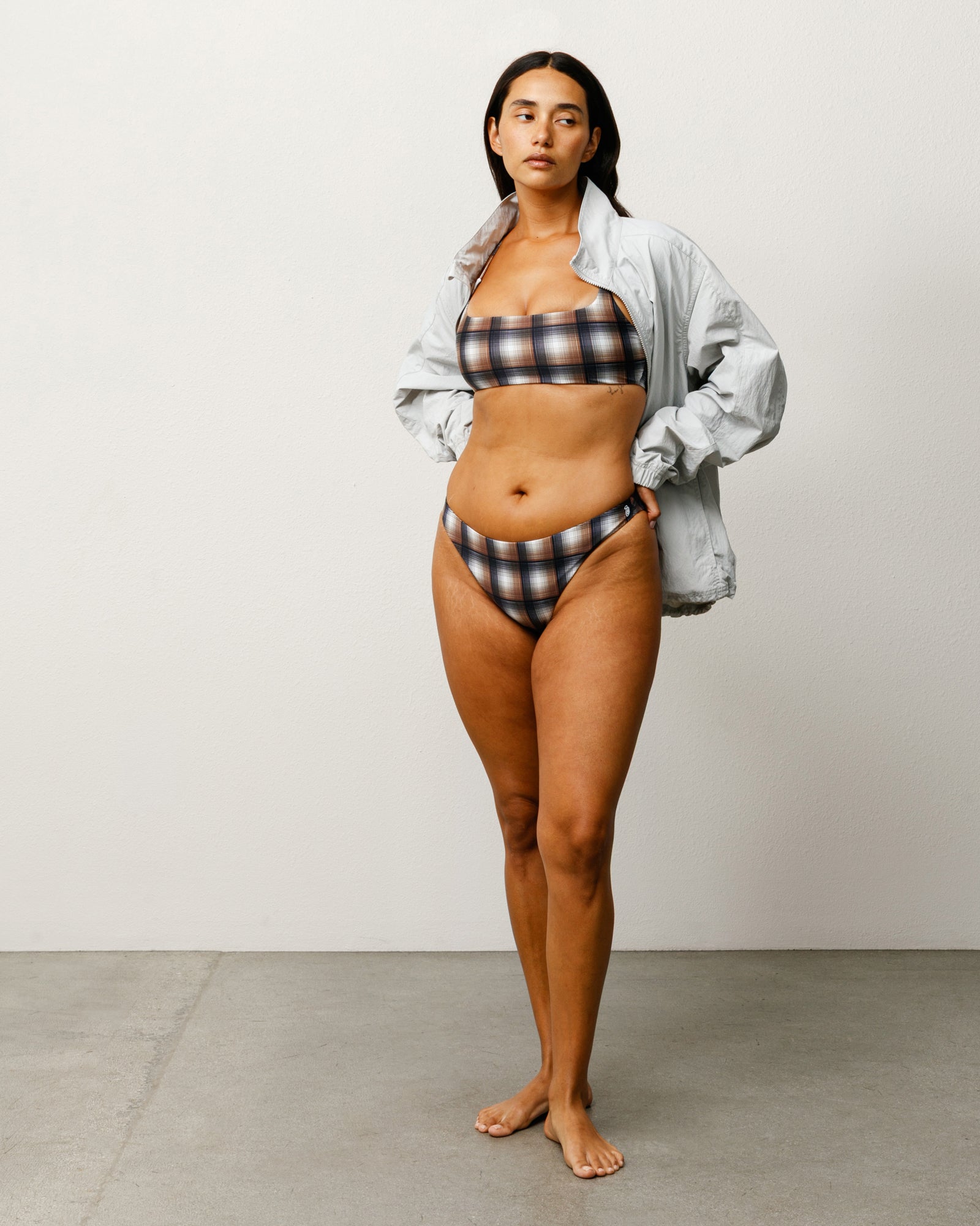 Halter Bikini Top Womens Sleeveless In Brown Plaid | product-card-slider