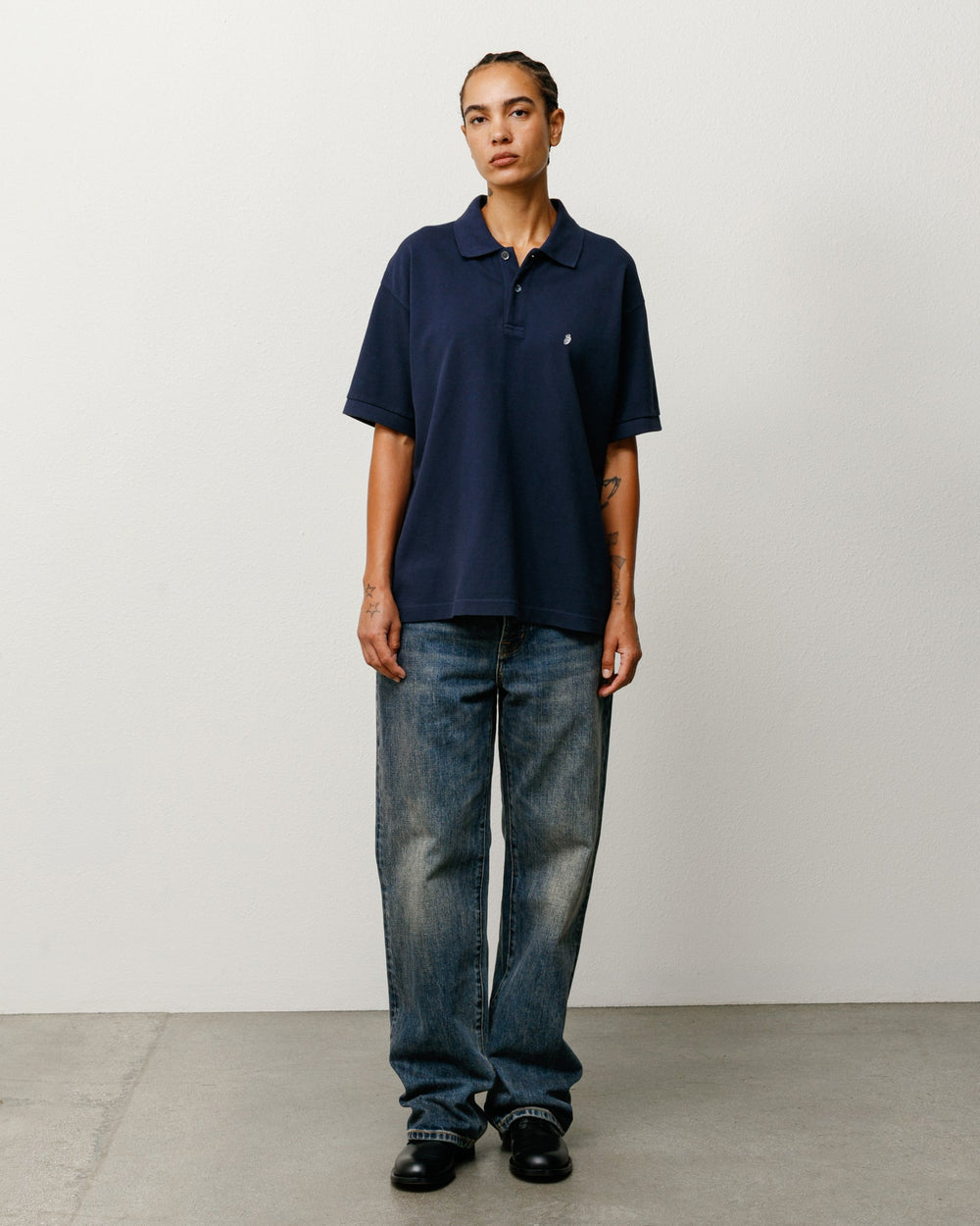 Classic Pique Polo shirt in navy midweight cotton, unisex short sleeve