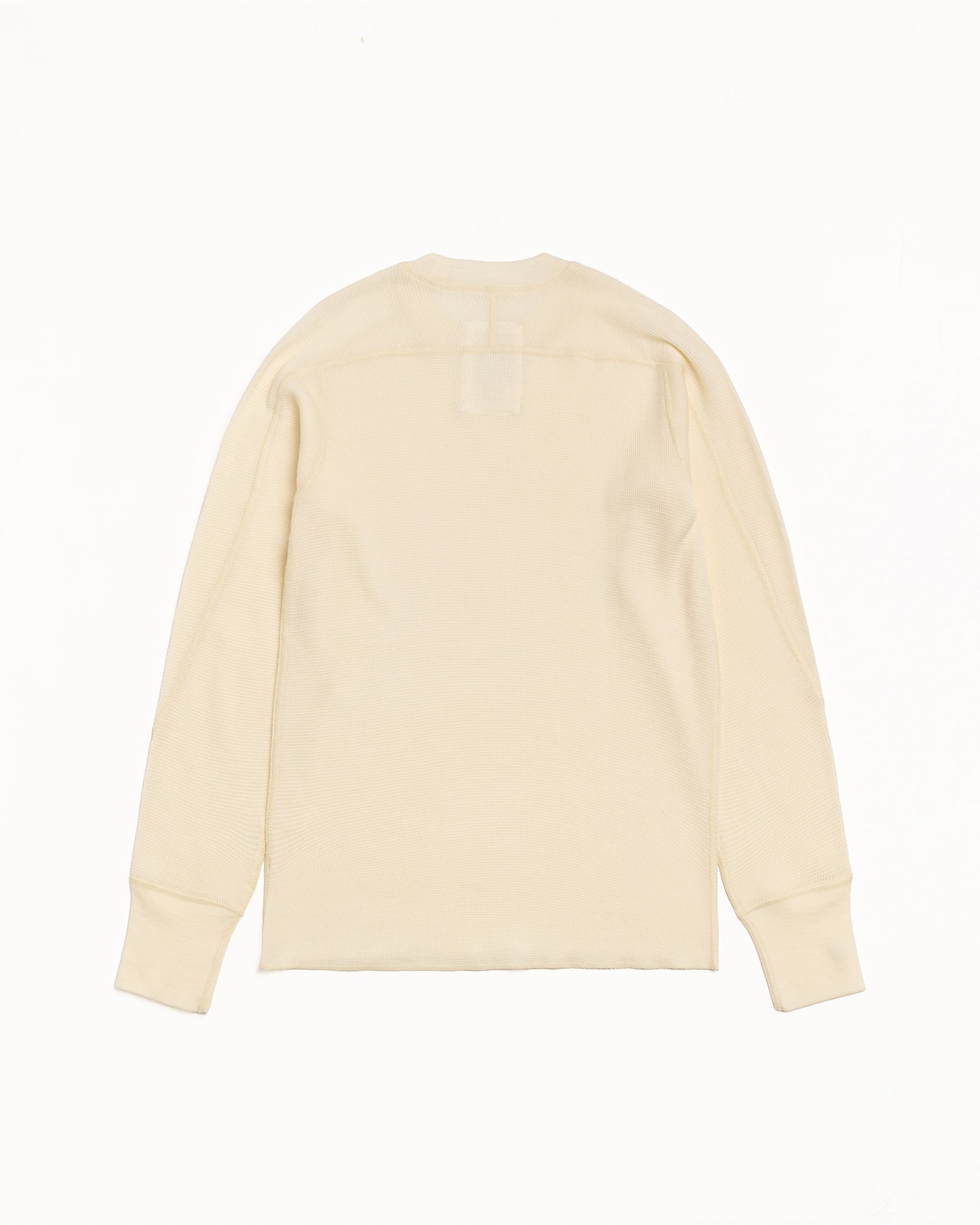 WOOL LS THERMAL knit long-sleeve in Ecru waffle-knit wool, back flat view.