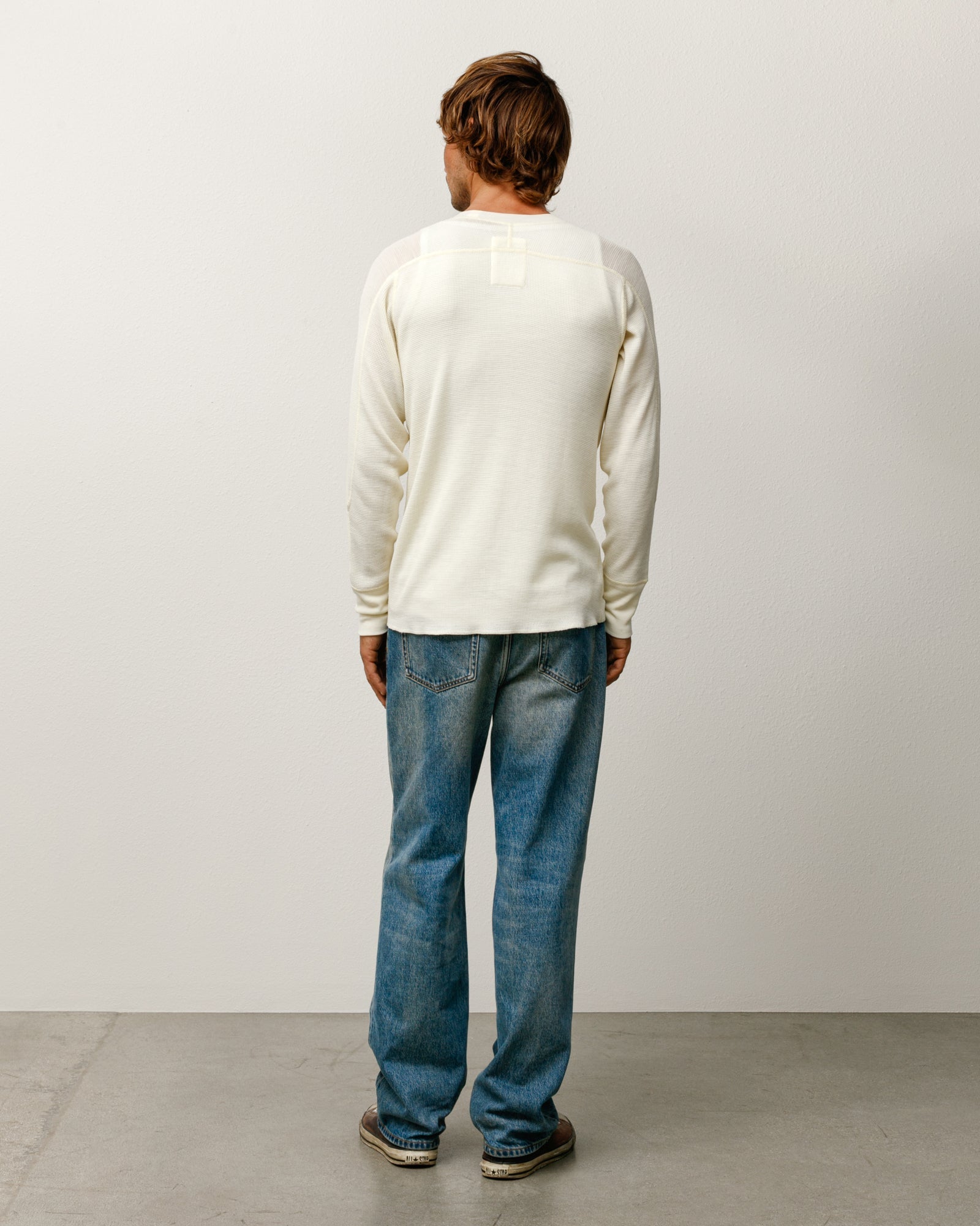 Wool LS Thermal knit in ecru, waffle-knit wool long-sleeve crewneck, back view with ribbed cuffs