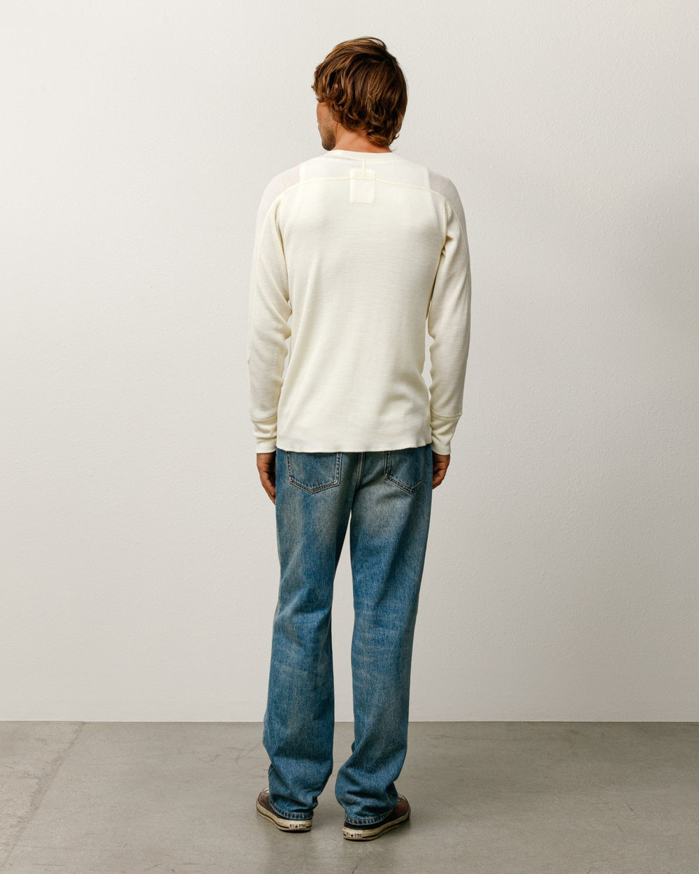 Wool LS Thermal knit in ecru, waffle-knit wool long-sleeve crewneck, back view with ribbed cuffs
