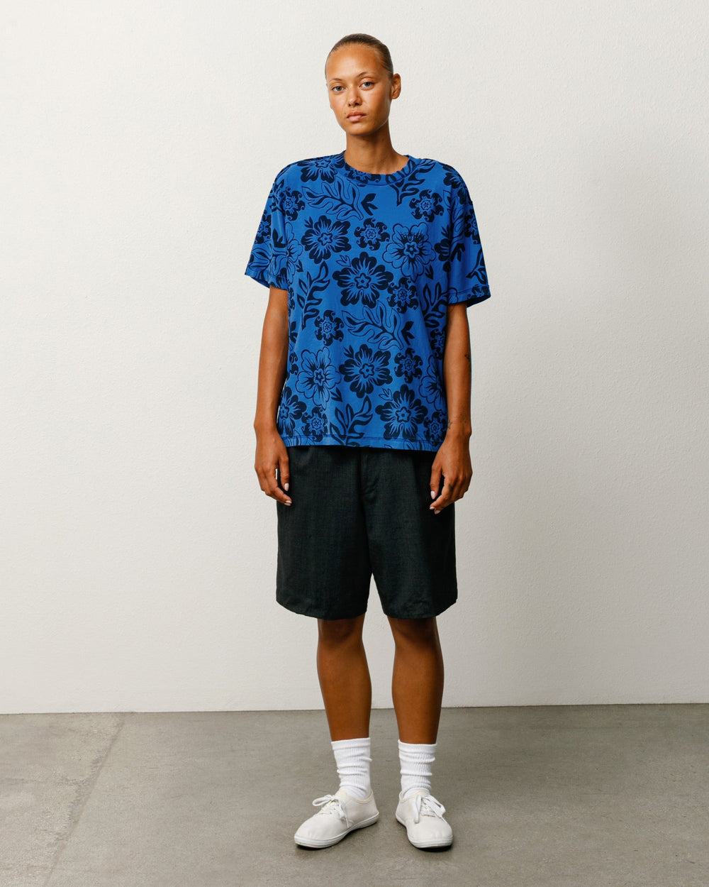 Lazy Floral Tee tee in Sport Blue, unisex short-sleeve with allover floral print