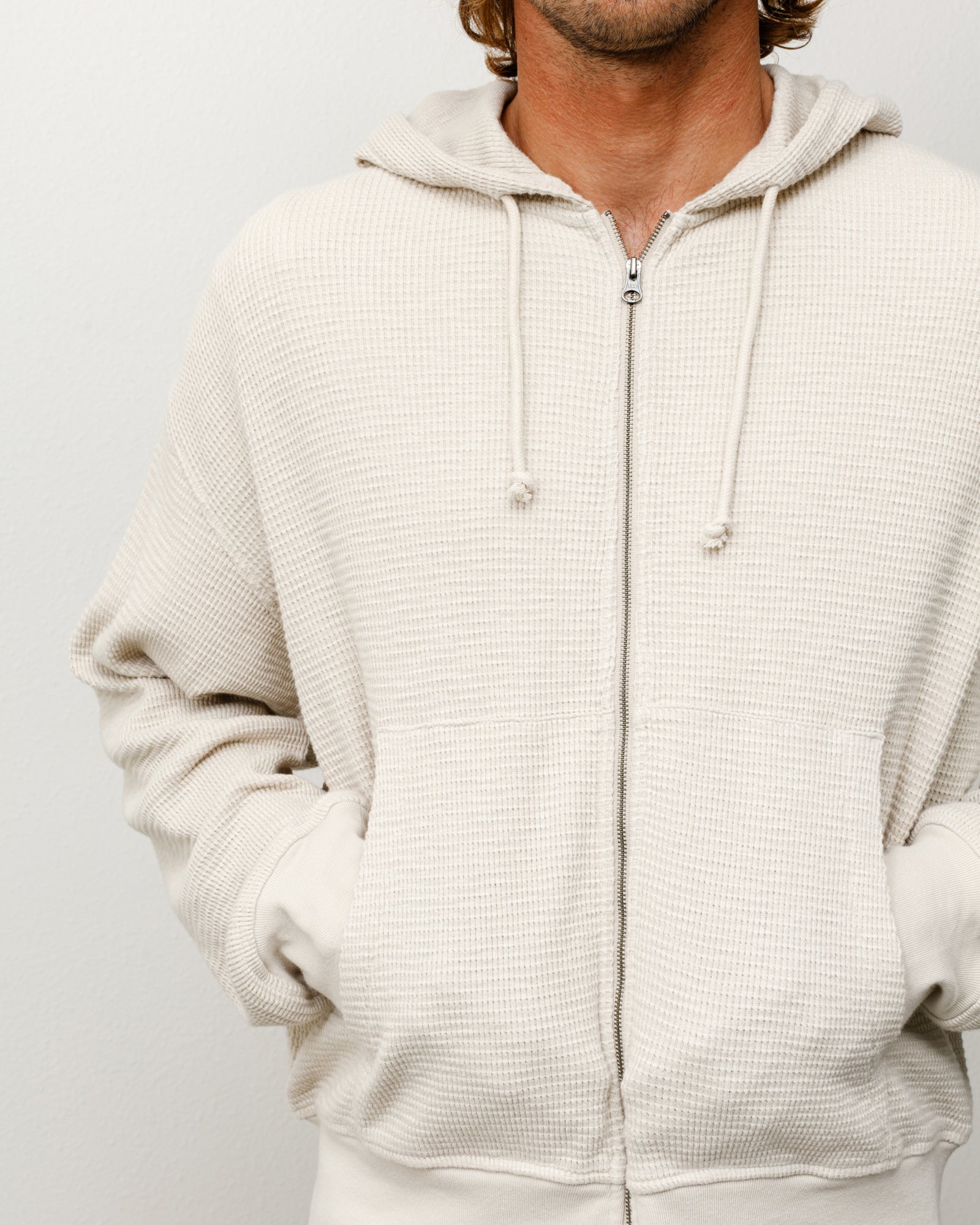 Lightweight Thermal Hoodie Zip Hood in Bone, waffle-knit cotton zip-up with drawcords