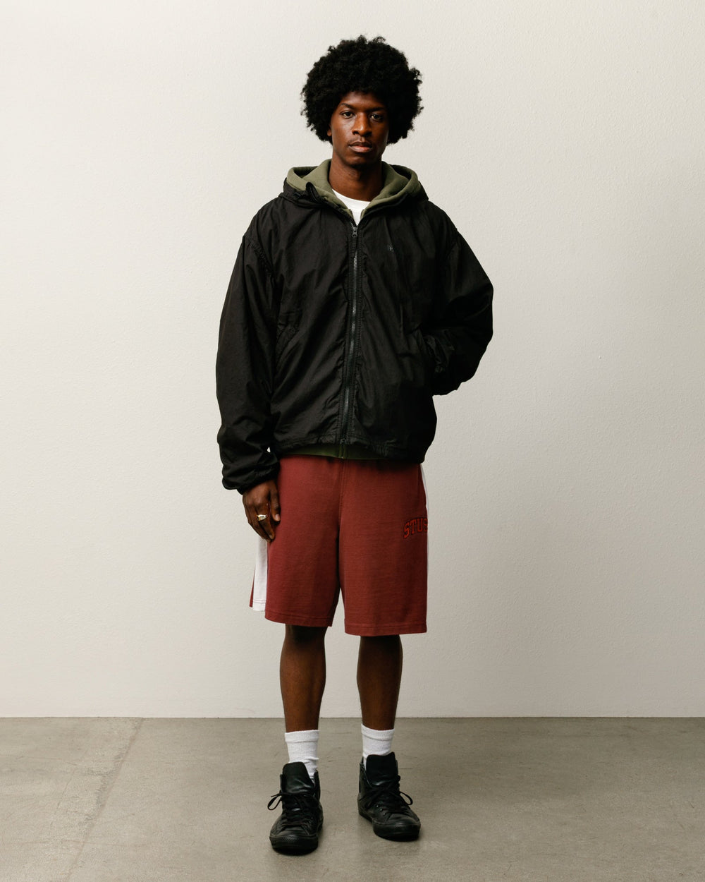 Double Cotton Hooded Jacket Mens Long Sleeve In Black