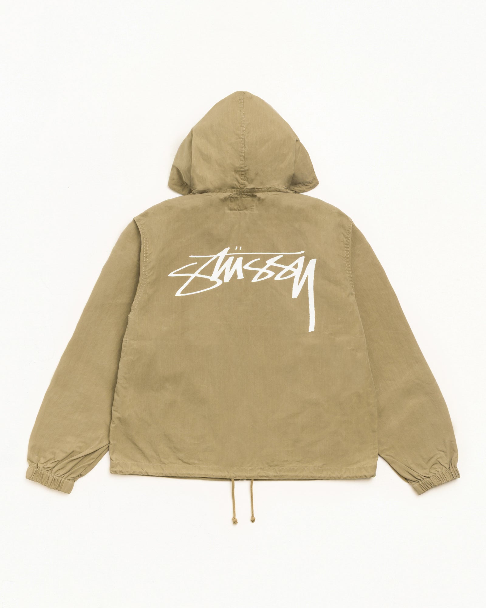 WAXED COTTON BEACH SHELL jacket in olive with hood and bold back Stüssy logo