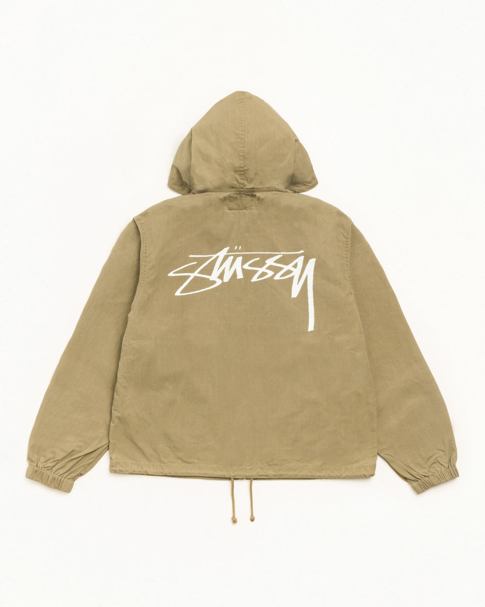 WAXED COTTON BEACH SHELL jacket in olive with hood and bold back Stüssy logo