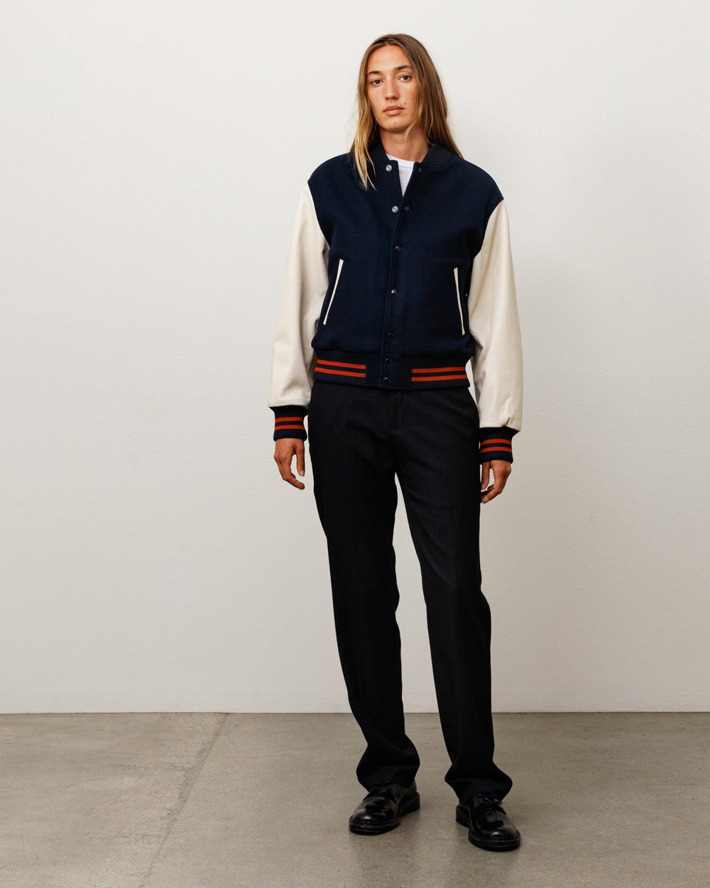 Wool Varsity Unisex Long Sleeve In Navy | product-card-slider