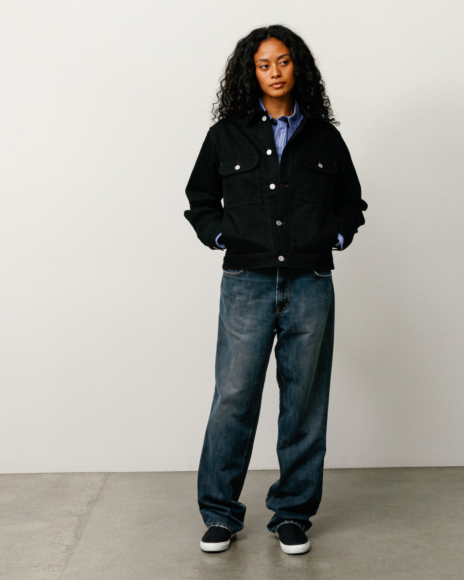 Stüssy Denim Trucker Jacket in Raw Black Contrast Stitch