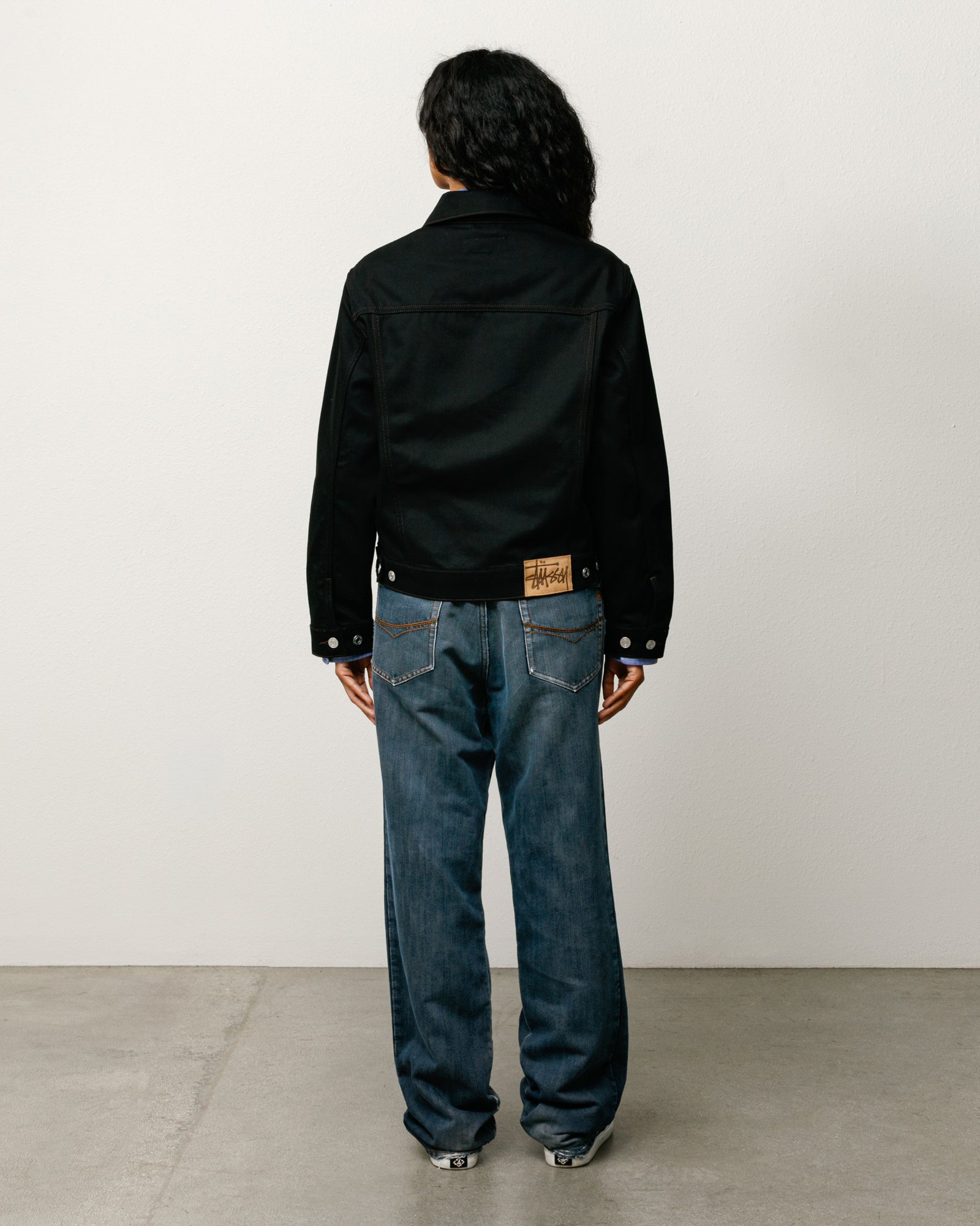 Denim Trucker Jacket Outerwear in Raw Black Contrast Stitch