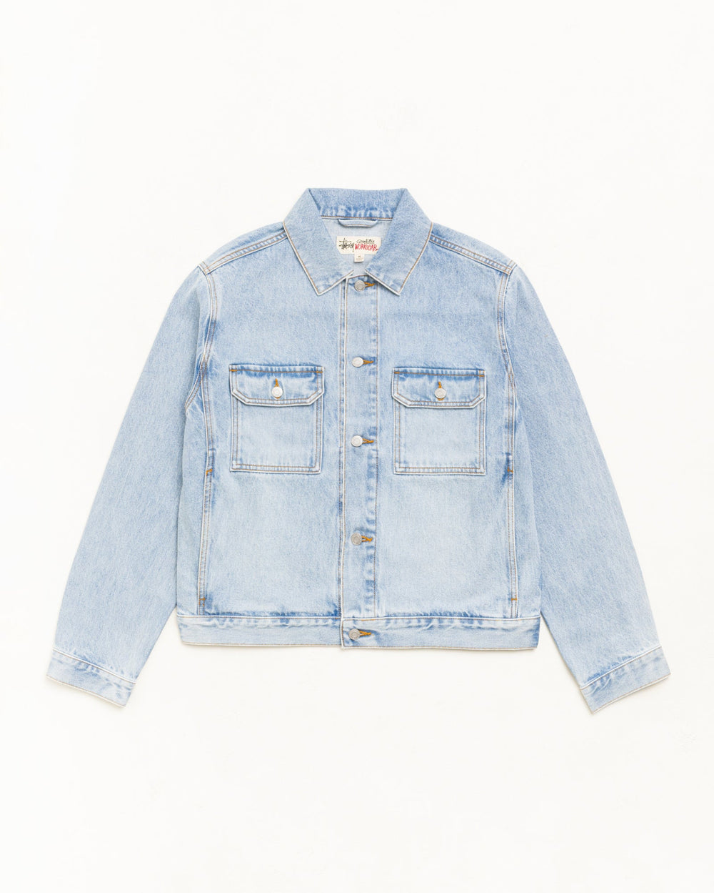Denim Trucker Jacket Outerwear in Light Wash Indigo | hero:main:collection:new-arrivals,shirts,tops-shirts,all,tees,outerwear,denim,knits,accessories,sunglasses,hoodies,sweats,mens-hoodies-sweatshirts,shorts,pants,bottoms,crew-sweats,zip-ups,swim,sweatpants,graphics,lazy-tees,swim,basic-9twenty,button-ups,shorts,cargos,denim-jeans,bottoms,bags,belts,wearables,gear,footwear,button-ups,basic-tops,jerseys,big-ol,classics,slim,jackets, | product-card-slider