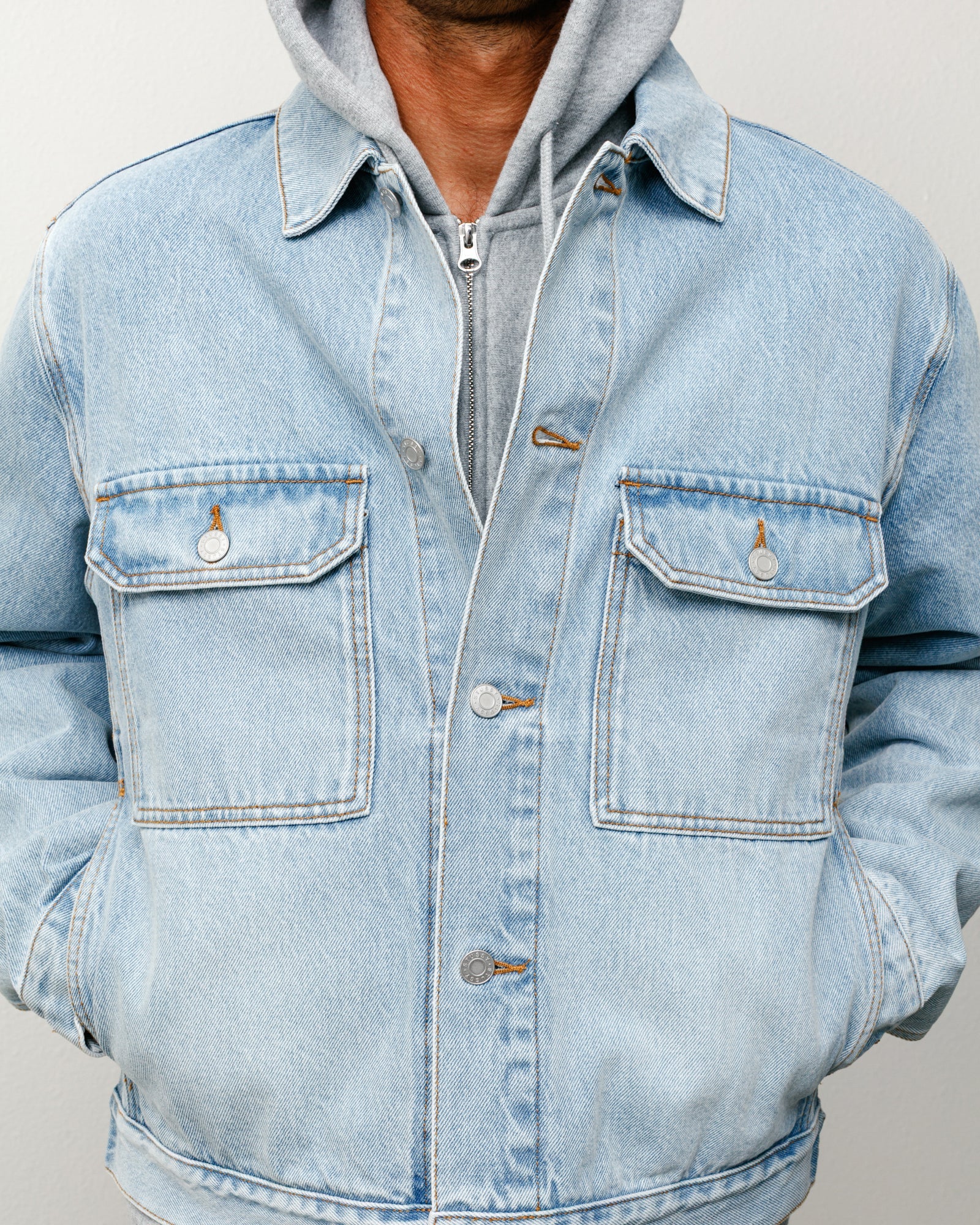 Denim Trucker unisex long-sleeve jacket in light wash indigo