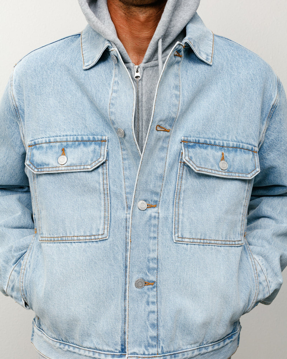 Denim Trucker unisex long-sleeve jacket in light wash indigo