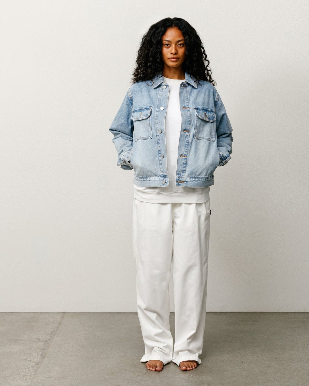 Stüssy Denim Trucker Jacket in Light Wash Indigo, relaxed fit