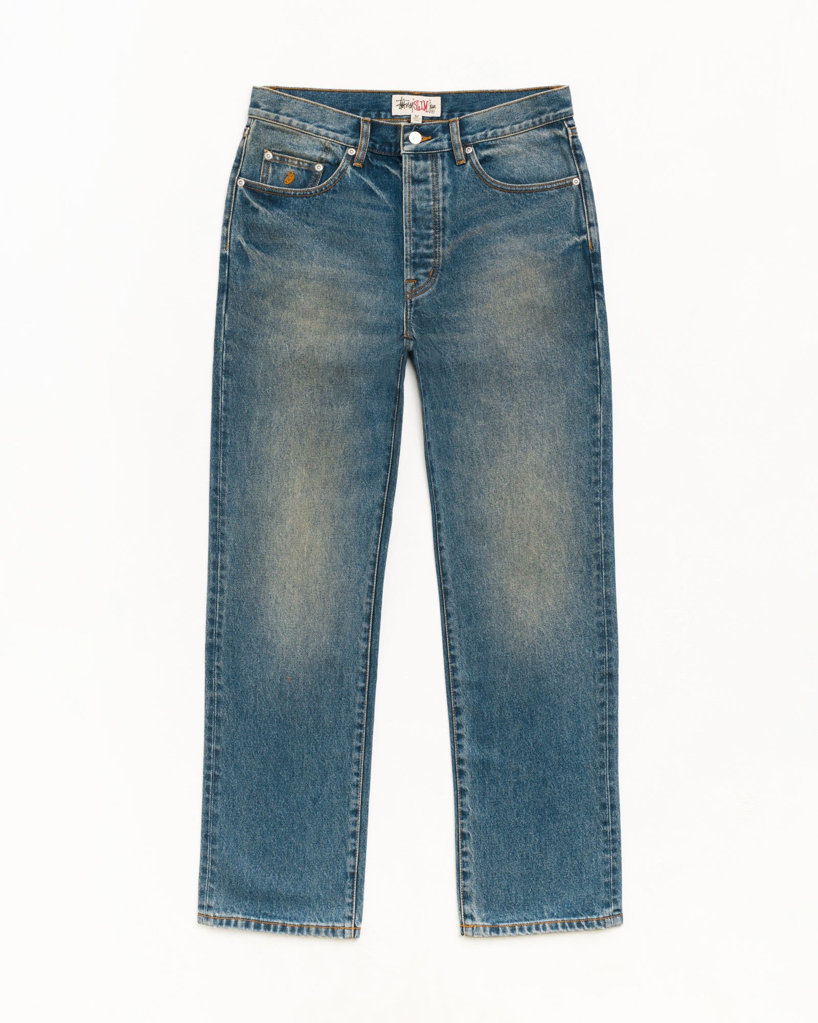 Stüssy Slim Jean Denim in the color Dark Wash Indigo | hero:main:collection:new-arrivals-3298660924,new-arrivals,shirts,tops-shirts,all,tees,outerwear,denim,knits,accessories,hoodies,sweats,shorts,pants,bottoms,crew-sweats,zip-ups,sweatpants,graphics,basic-9twenty,button-ups,shorts,cargos,jeans,bottoms,bags,belts,wearables,gear,footwear,button-ups,basic-tops,jerseys,big-ol,classics,slim,jackets, | product-card-slider