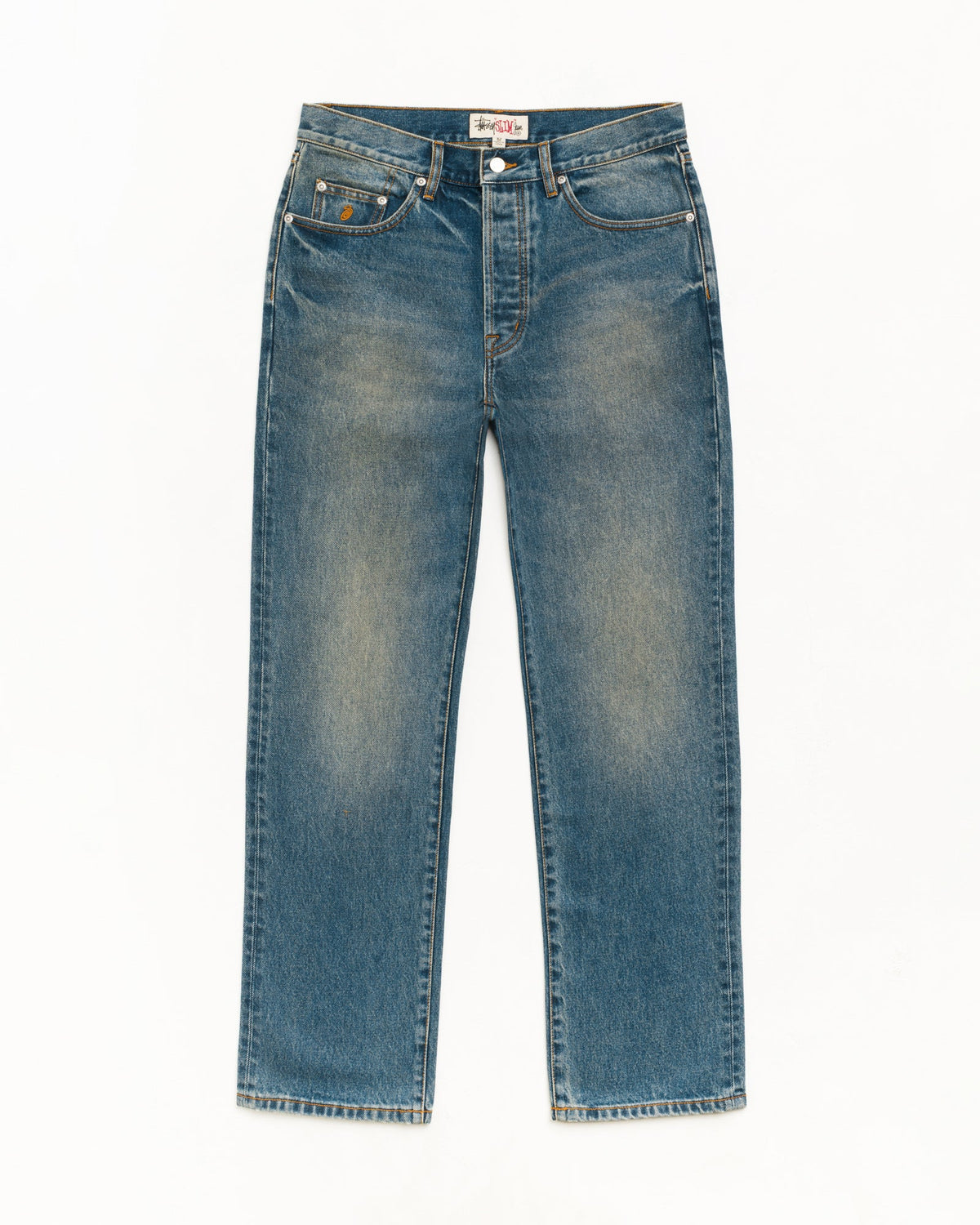 Stüssy Slim Jean Denim in the color Dark Wash Indigo | hero:main:collection:new-arrivals-3298660924,new-arrivals,shirts,tops-shirts,all,tees,outerwear,denim,knits,accessories,hoodies,sweats,shorts,pants,bottoms,crew-sweats,zip-ups,sweatpants,graphics,basic-9twenty,button-ups,shorts,cargos,jeans,bottoms,bags,belts,wearables,gear,footwear,button-ups,basic-tops,jerseys,big-ol,classics,slim,jackets, | product-card-slider