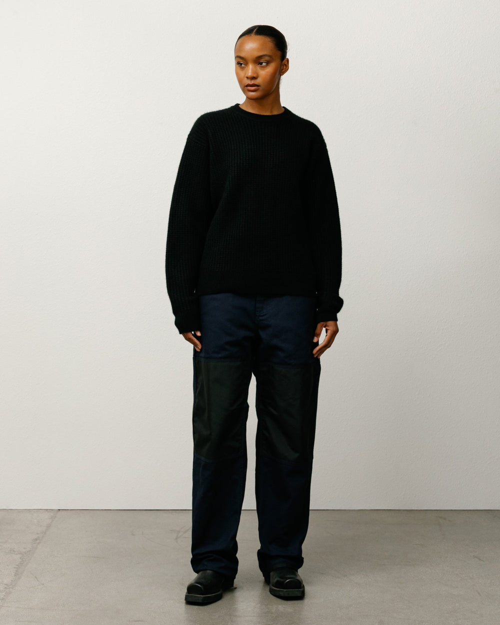 Waffle Cashmere Sweater Mens Long Sleeve In Black