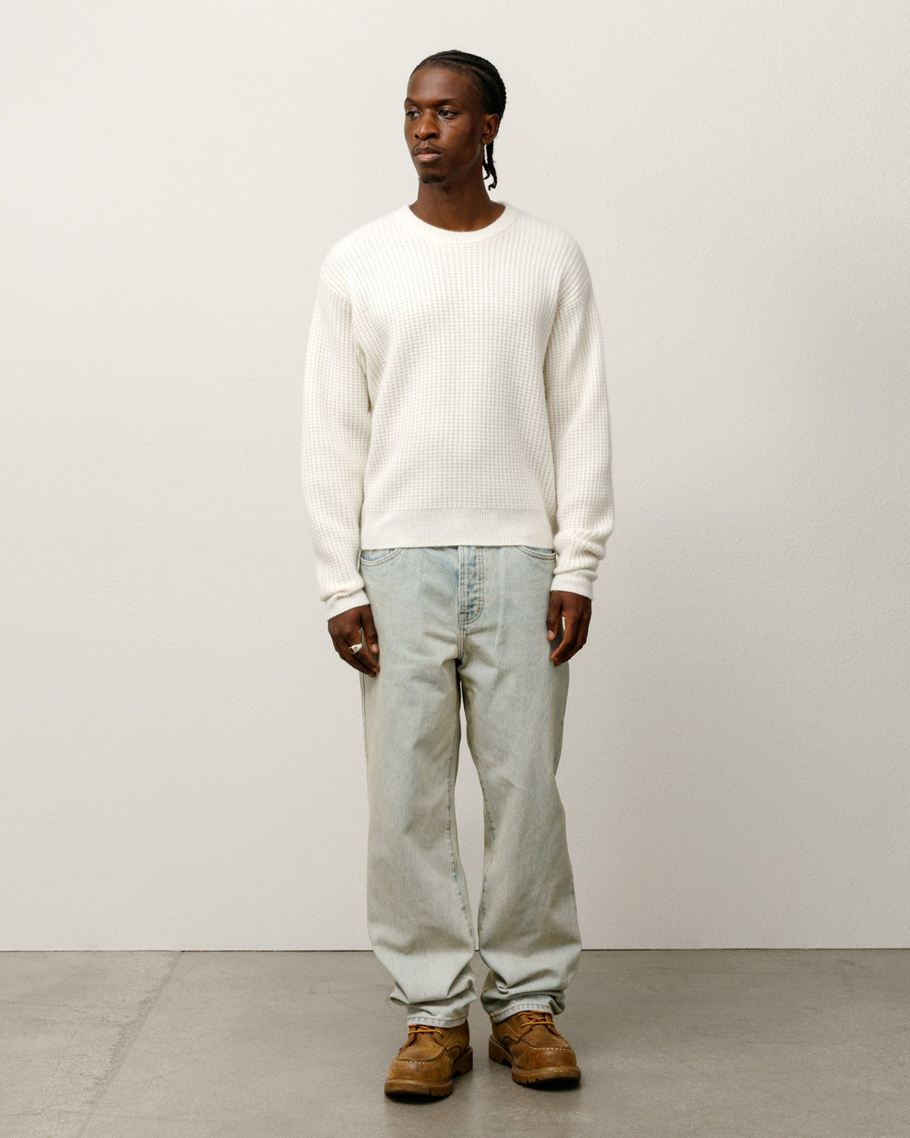Waffle Cashmere Sweater Mens Long Sleeve In Ivory