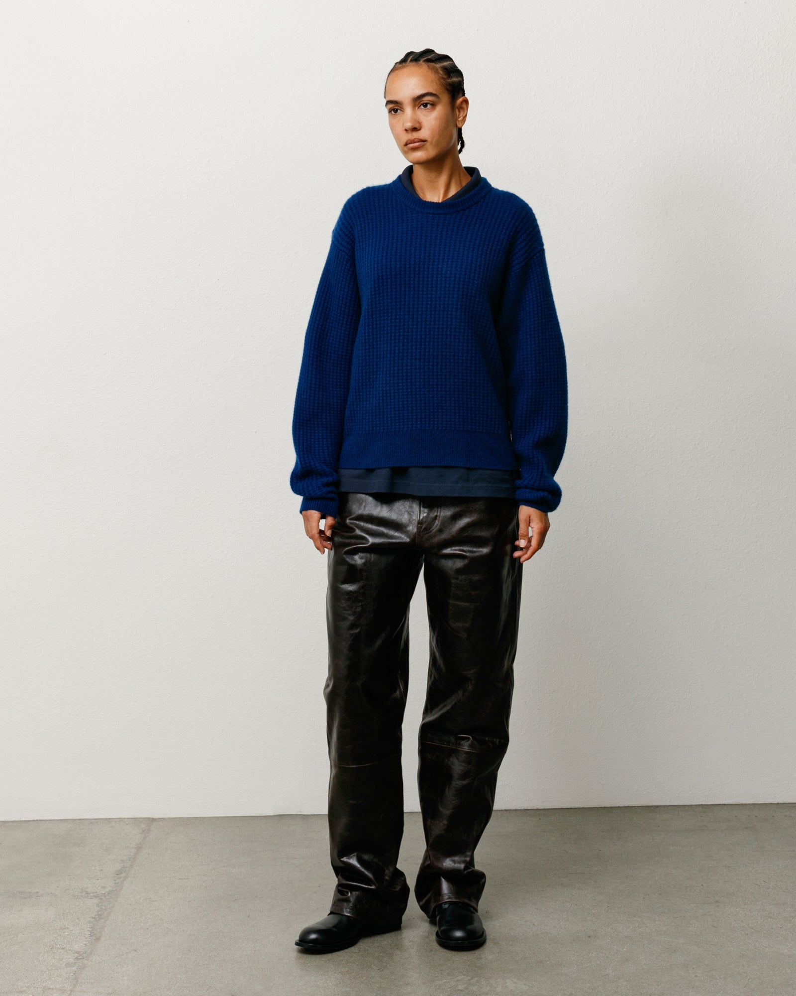 Waffle Cashmere Sweater Mens Long Sleeve In Navy | product-card-slider