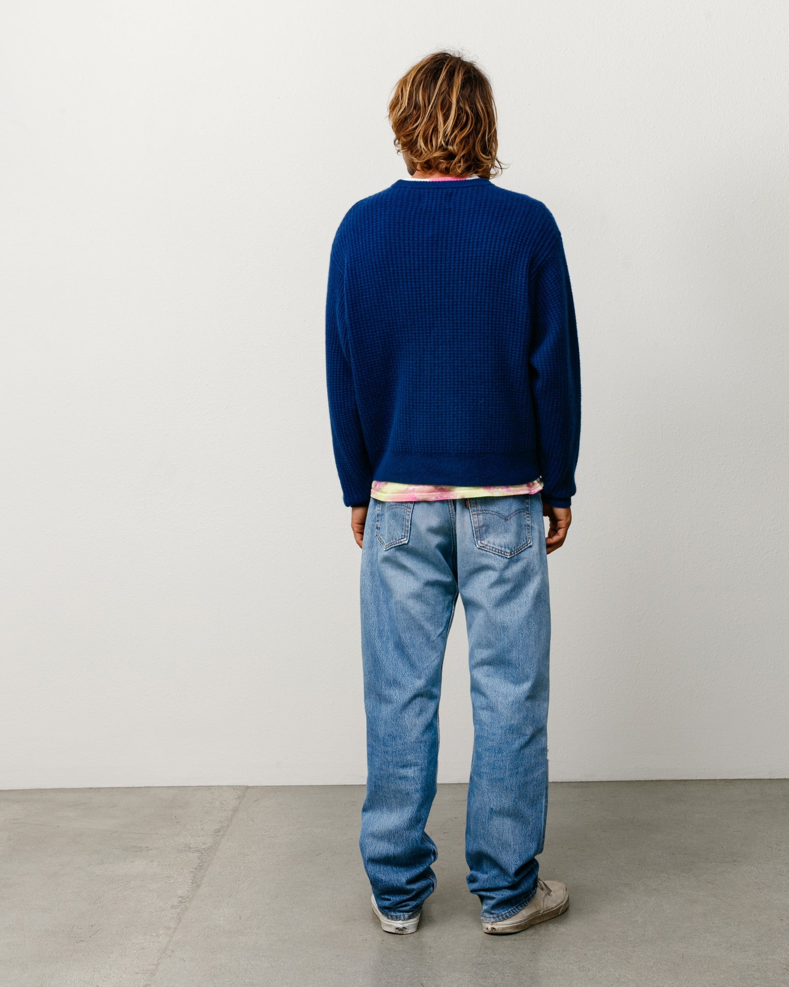 Waffle Cashmere Sweater Mens Long Sleeve In Navy