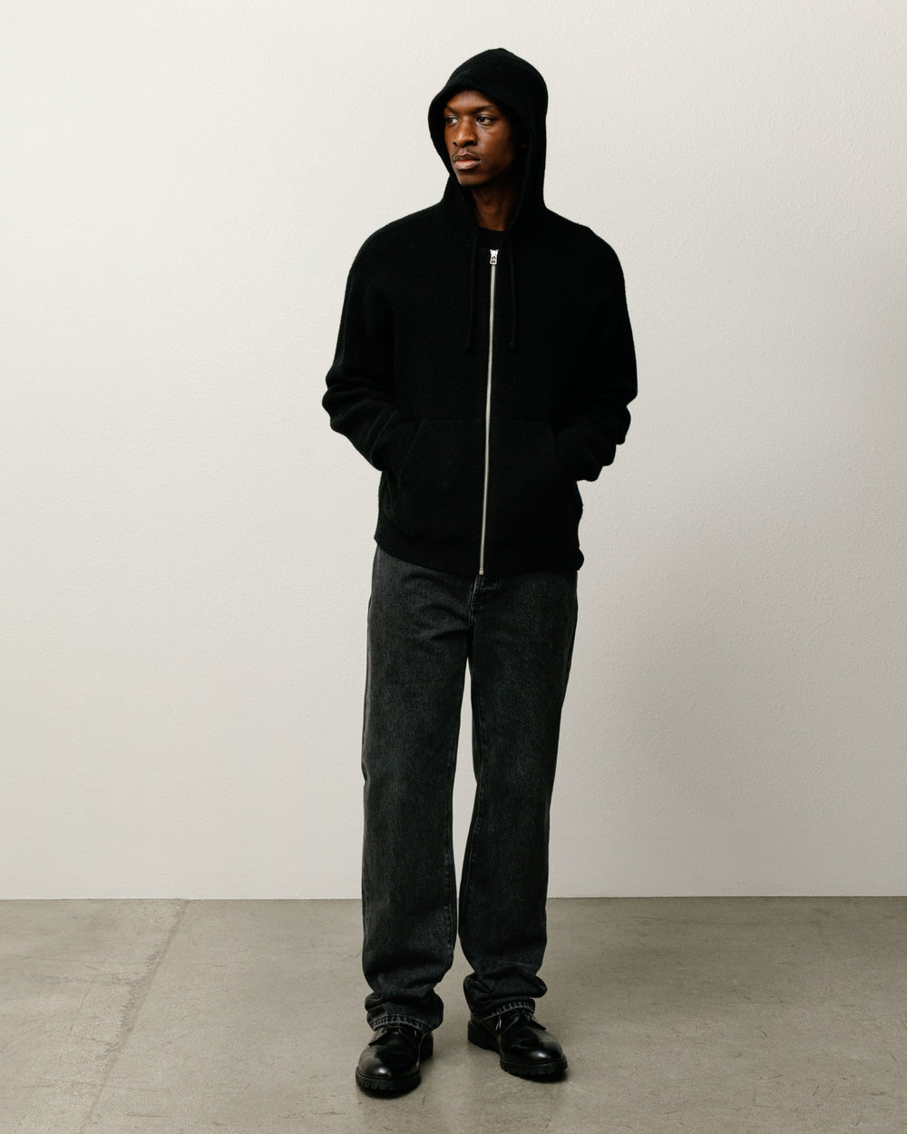 Textured Zip Hooded Sweater Mens Long Sleeve In Black | product-card-slider