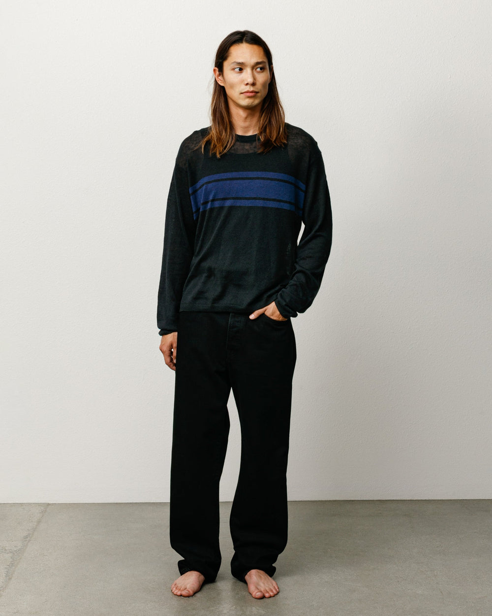 Lightweight Striped Sweater Sweater in Black, relaxed fit linen-cotton knit | product-card-slider
