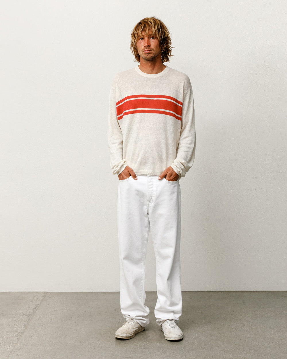 Lightweight Striped Sweater sweater in Bone with bold red chest stripes, relaxed linen-cotton knit