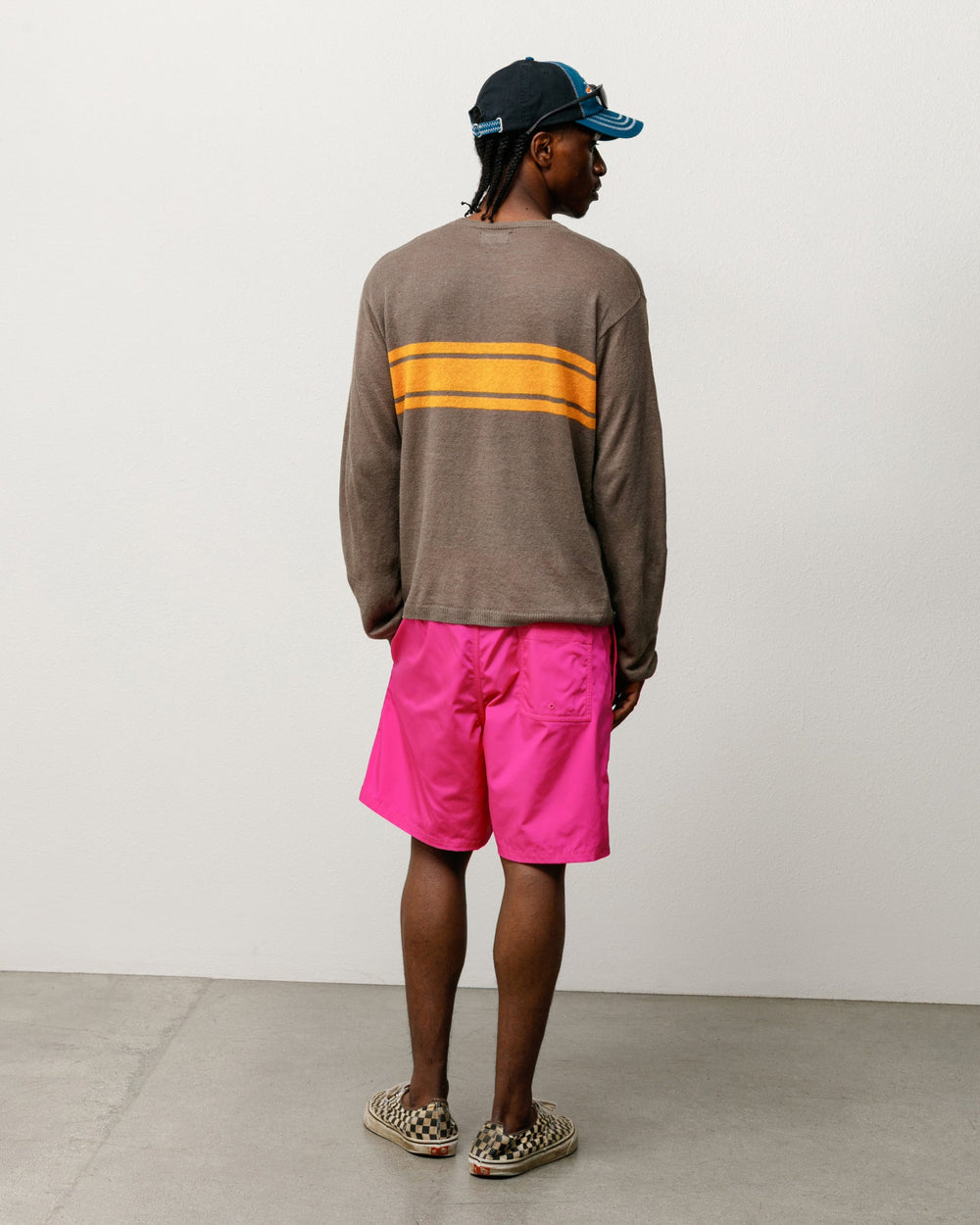 Lightweight Striped Sweater sweater in brown, relaxed linen-cotton knit with yellow back stripe