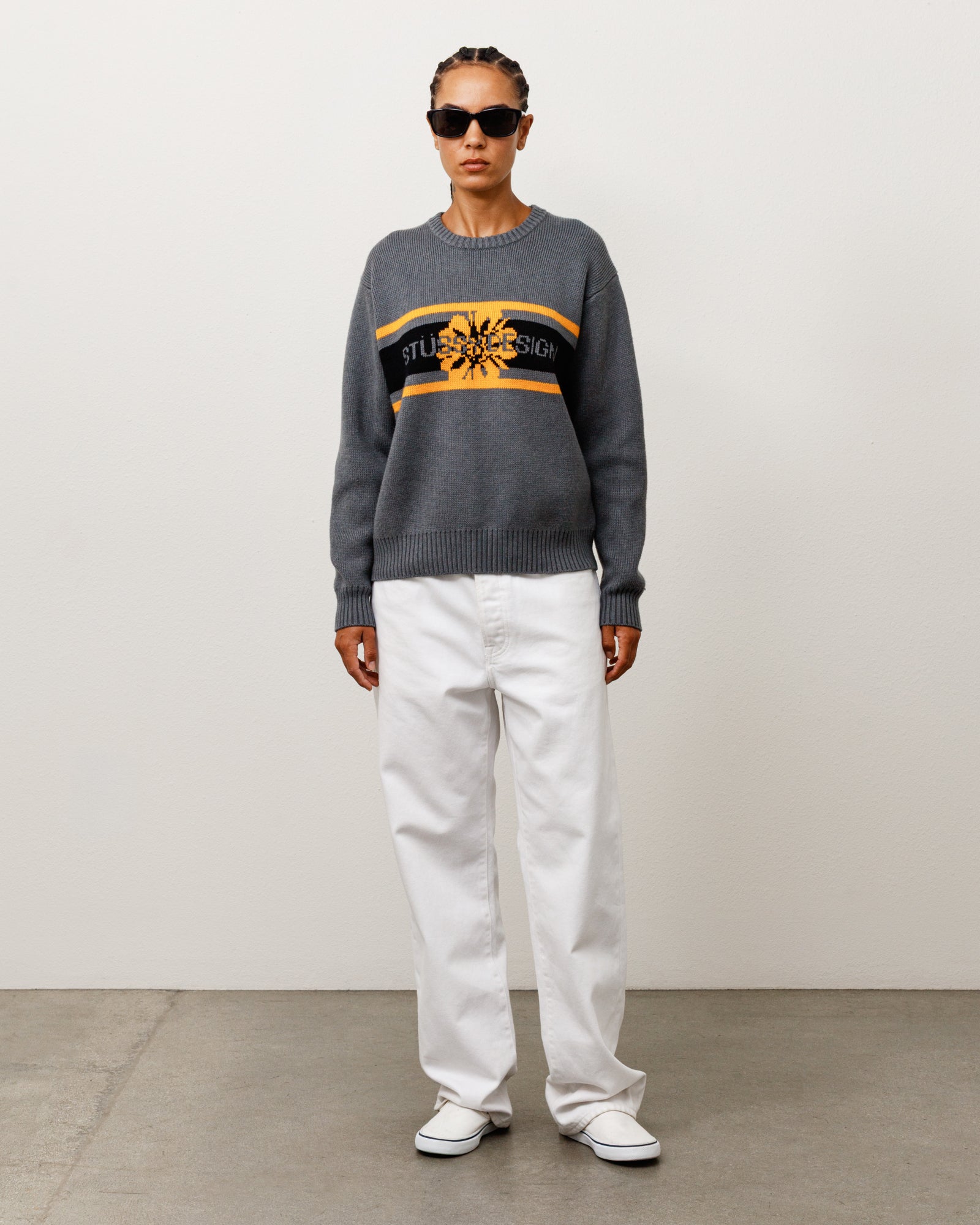 Striped Hibiscus Sweater Unisex Long Sleeve In Grey | product-card-slider