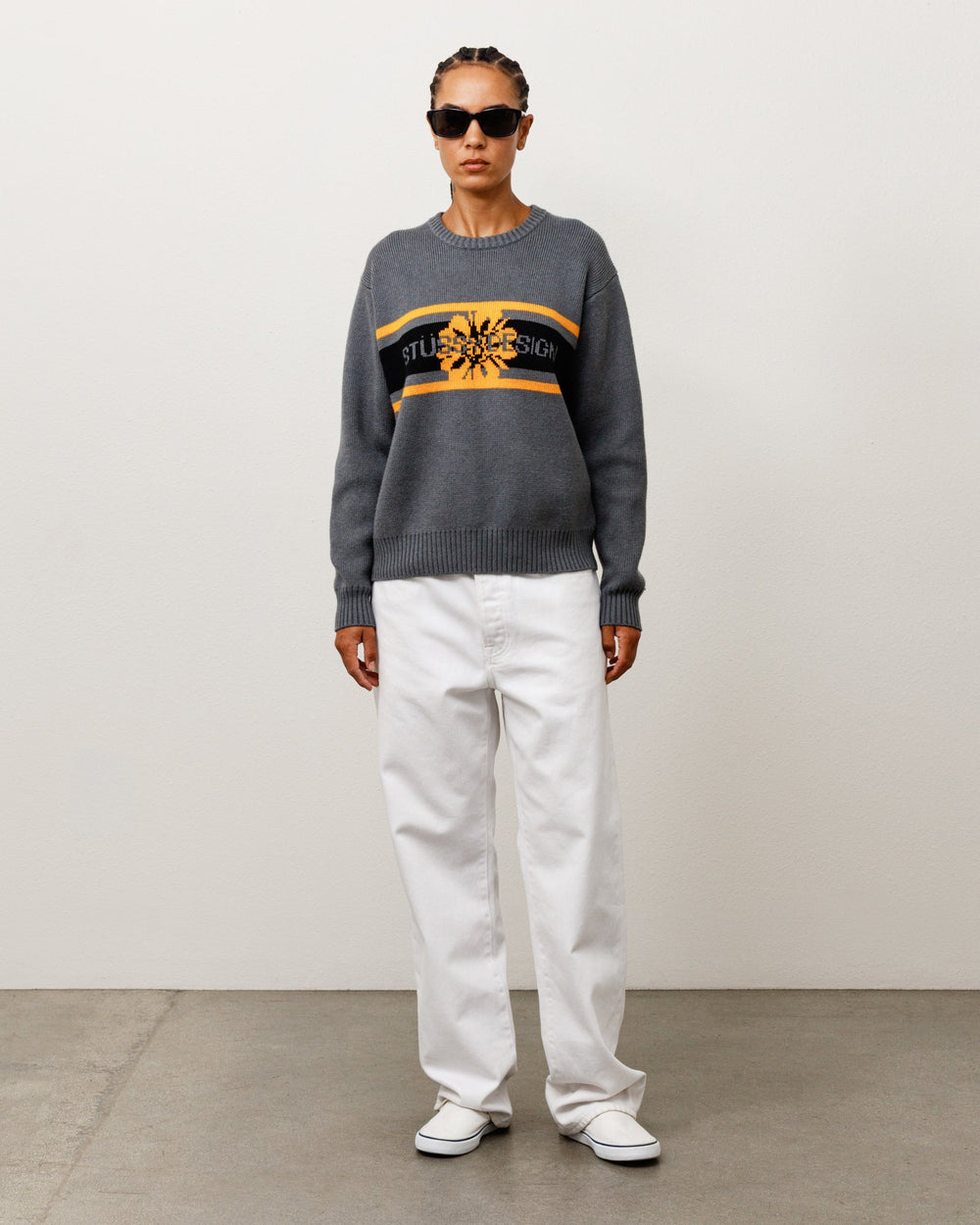 Striped Hibiscus Sweater Unisex Long Sleeve In Grey | product-card-slider