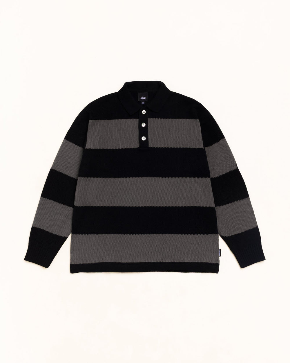 Pique Knit Stripe Rugby Unisex Long Sleeve In Black | hero:main:collection:new-arrivals,shirts,tops-shirts,all,tees,outerwear,denim,knits,accessories,sunglasses,hoodies,sweats,mens-hoodies-sweatshirts,shorts,pants,bottoms,crew-sweats,zip-ups,swim,sweatpants,graphics,lazy-tees,swim,basic-9twenty,button-ups,shorts,cargos,denim-jeans,bottoms,bags,belts,wearables,gear,footwear,button-ups,basic-tops,jerseys,big-ol,classics,slim,jackets,all, | product-card-slider