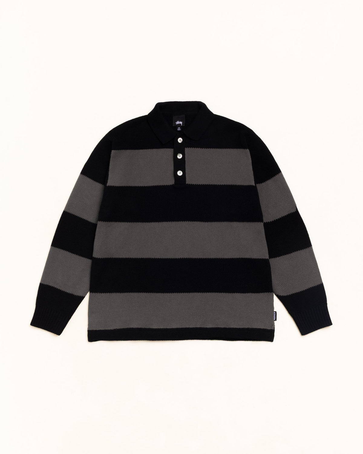 Pique Knit Stripe Rugby Unisex Long Sleeve In Black | hero:main:collection:new-arrivals,shirts,tops-shirts,all,tees,outerwear,denim,knits,accessories,sunglasses,hoodies,sweats,mens-hoodies-sweatshirts,shorts,pants,bottoms,crew-sweats,zip-ups,swim,sweatpants,graphics,lazy-tees,swim,basic-9twenty,button-ups,shorts,cargos,denim-jeans,bottoms,bags,belts,wearables,gear,footwear,button-ups,basic-tops,jerseys,big-ol,classics,slim,jackets,all, | product-card-slider