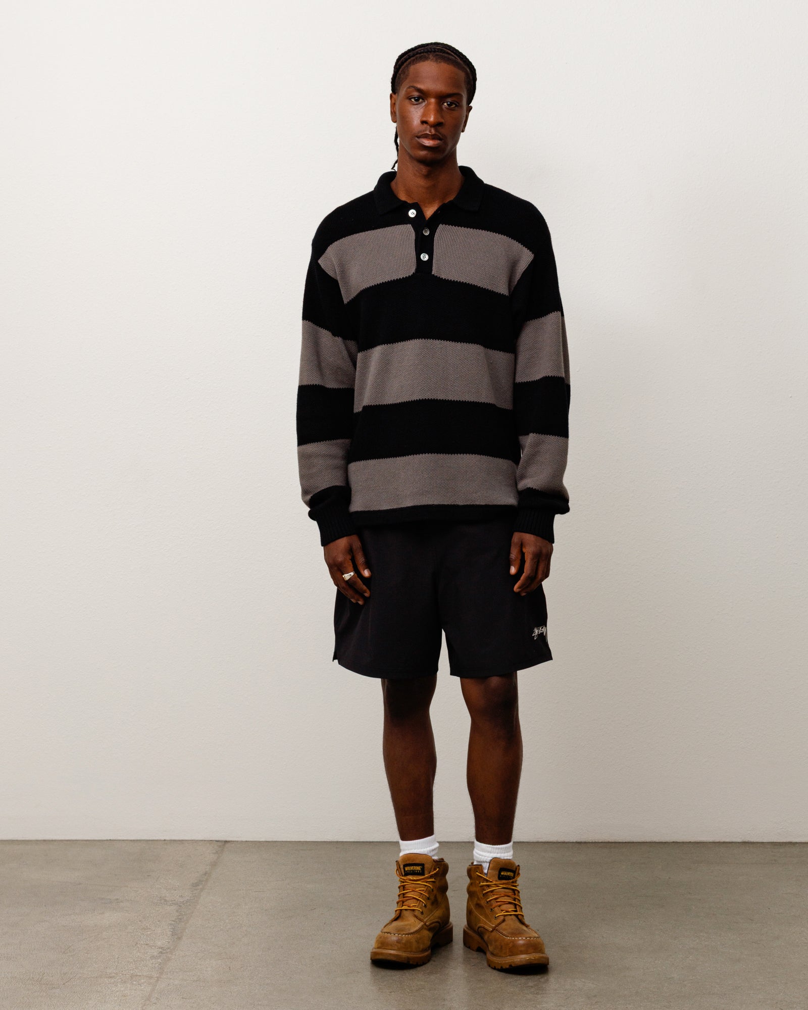 Pique Knit Stripe Rugby Unisex Long Sleeve In Black | product-card-slider