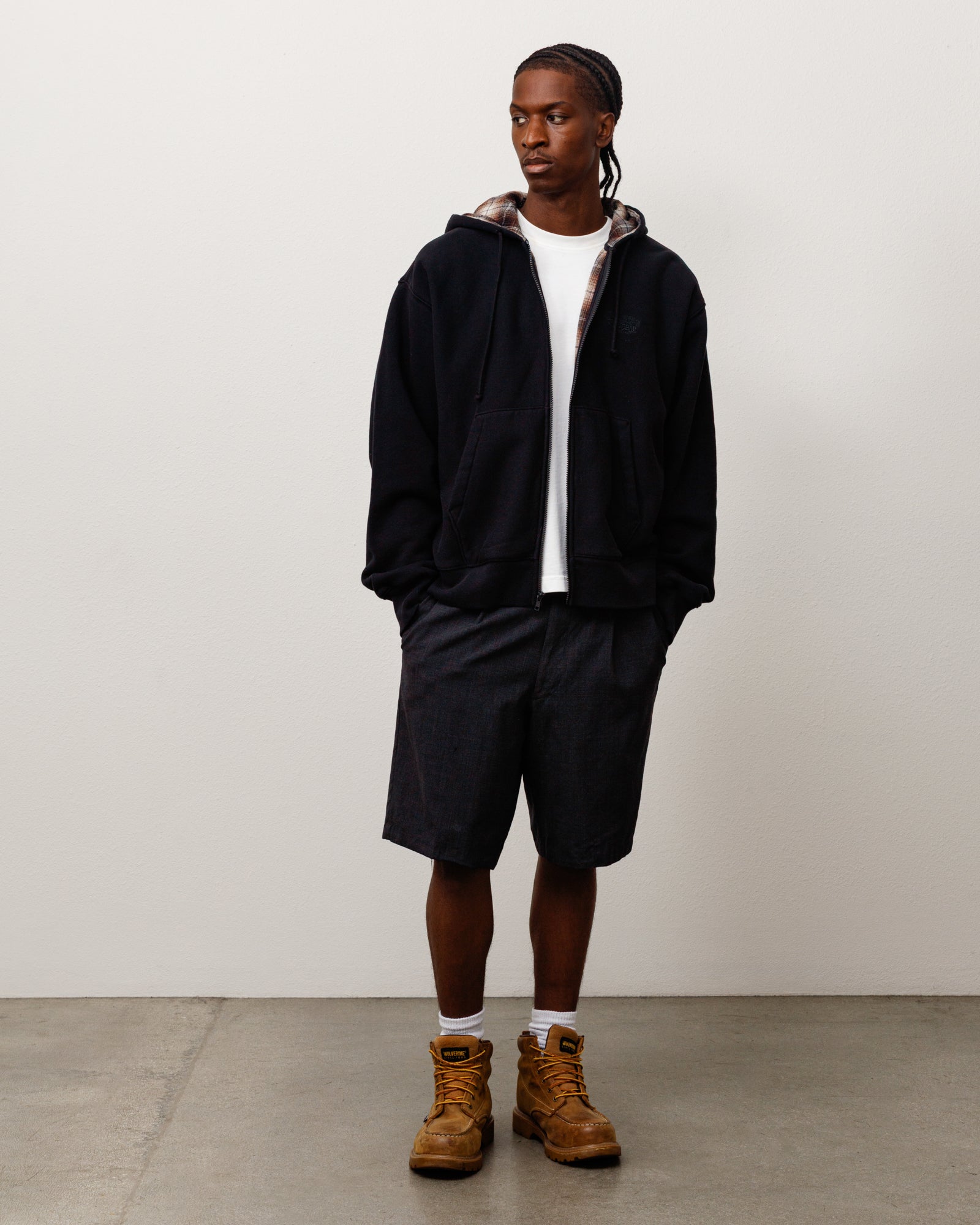 Plaid Lined Zip Hood Unisex Long Sleeve In Black | product-card-slider