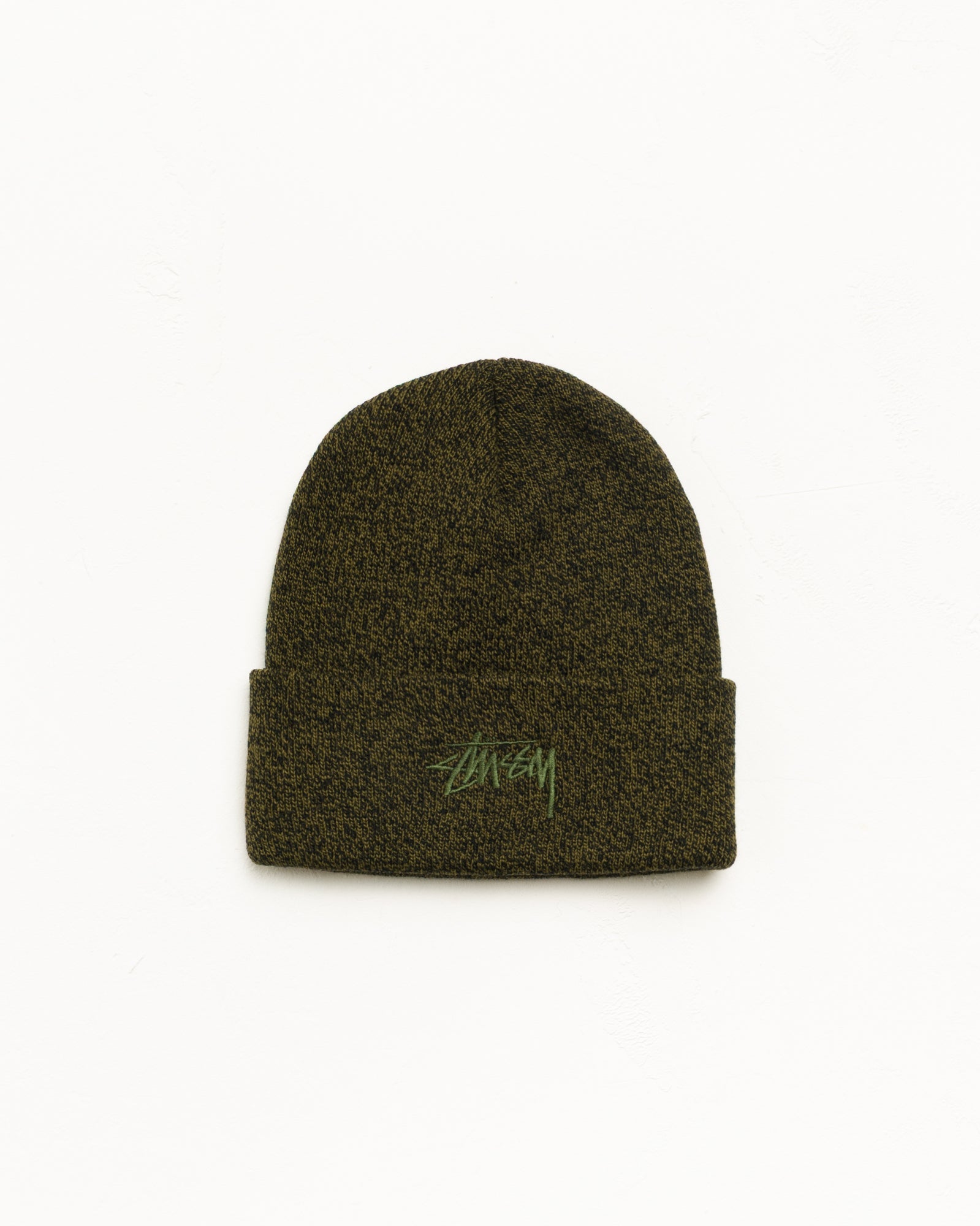Stüssy Stock Cuff Beanie, unisex, marled olive acrylic with stock logo embroidery | hero:main:collection:new-arrivals,shirts,tops-shirts,all,tees,outerwear,denim,knits,accessories,sunglasses,hoodies,sweats,mens-hoodies-sweatshirts,shorts,pants,bottoms,crew-sweats,zip-ups,swim,sweatpants,graphics,lazy-tees,mens-swim,womens-swim,swim,basic-9twenty,button-ups,jerseys,thermals,shorts,trunks,cargos,denim-jeans,bottoms,bags,belts,wearables,gear,footwear,button-ups,basic-tops,jerseys, | product-card-slider