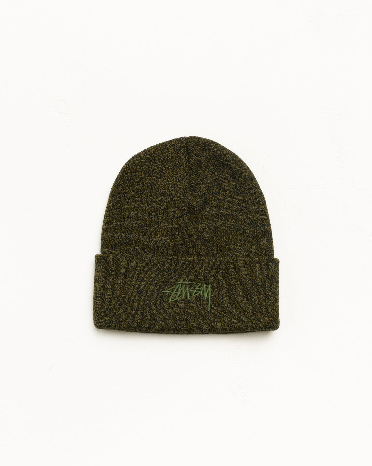 Stüssy Stock Cuff Beanie, unisex, marled olive acrylic with stock logo embroidery | hero:main:collection:new-arrivals,shirts,tops-shirts,all,tees,outerwear,denim,knits,accessories,sunglasses,hoodies,sweats,mens-hoodies-sweatshirts,shorts,pants,bottoms,crew-sweats,zip-ups,swim,sweatpants,graphics,lazy-tees,mens-swim,womens-swim,swim,basic-9twenty,button-ups,jerseys,thermals,shorts,trunks,cargos,denim-jeans,bottoms,bags,belts,wearables,gear,footwear,button-ups,basic-tops,jerseys, | product-card-slider