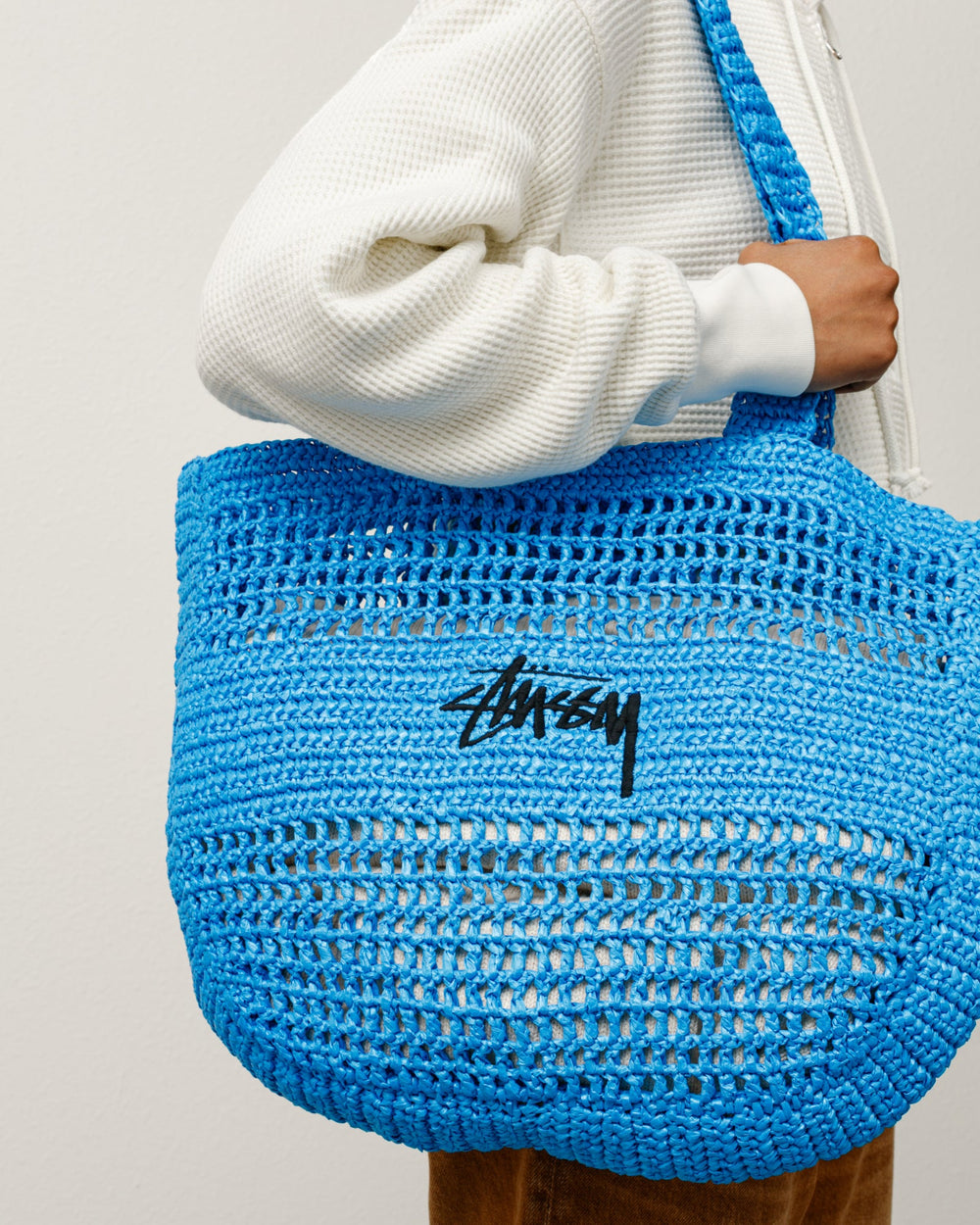 WOVEN TOTE BAG Accessories in Blue, handwoven tote with black Stüssy stock logo