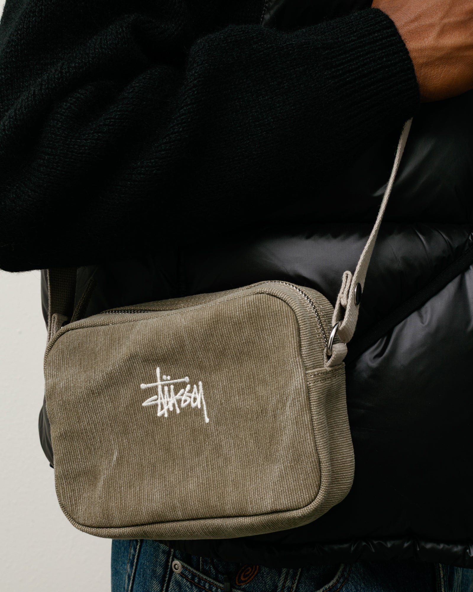 WAXED CANVAS POUCH Accessories in Stone, waxed canvas crossbody with white Stüssy logo embroidery | product-card-slider