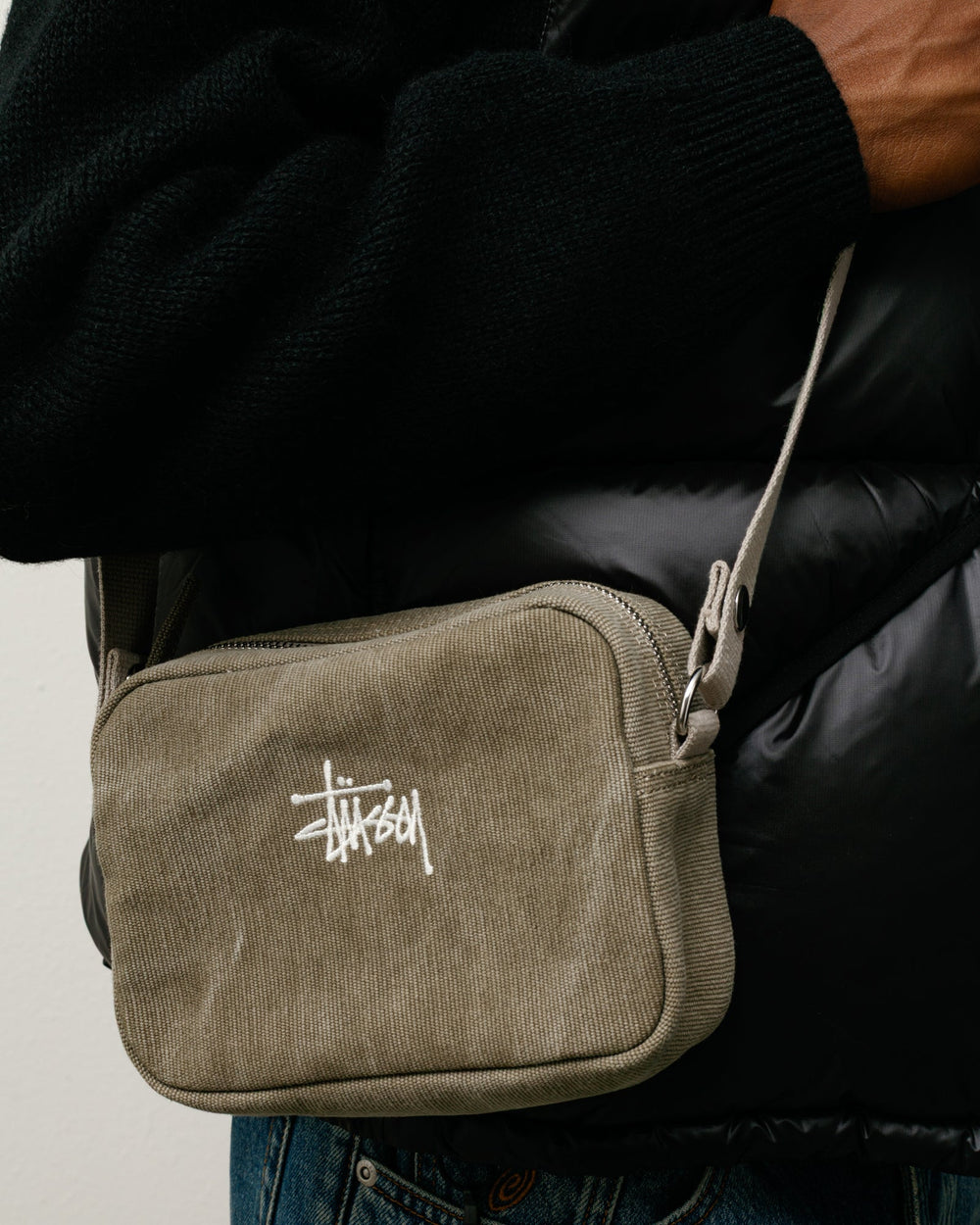 WAXED CANVAS POUCH Accessories in Stone, waxed canvas crossbody with white Stüssy logo embroidery | product-card-slider
