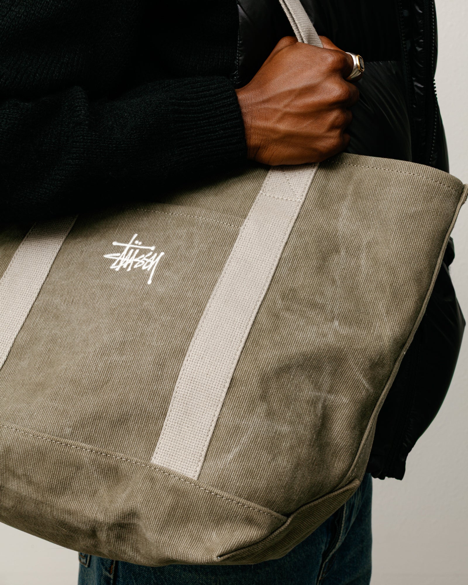 WAXED CANVAS MARKET TOTE bag in Stone with webbed straps and Stüssy logo embroidery.