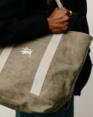 WAXED CANVAS MARKET TOTE bag in Stone with webbed straps and Stüssy logo embroidery.