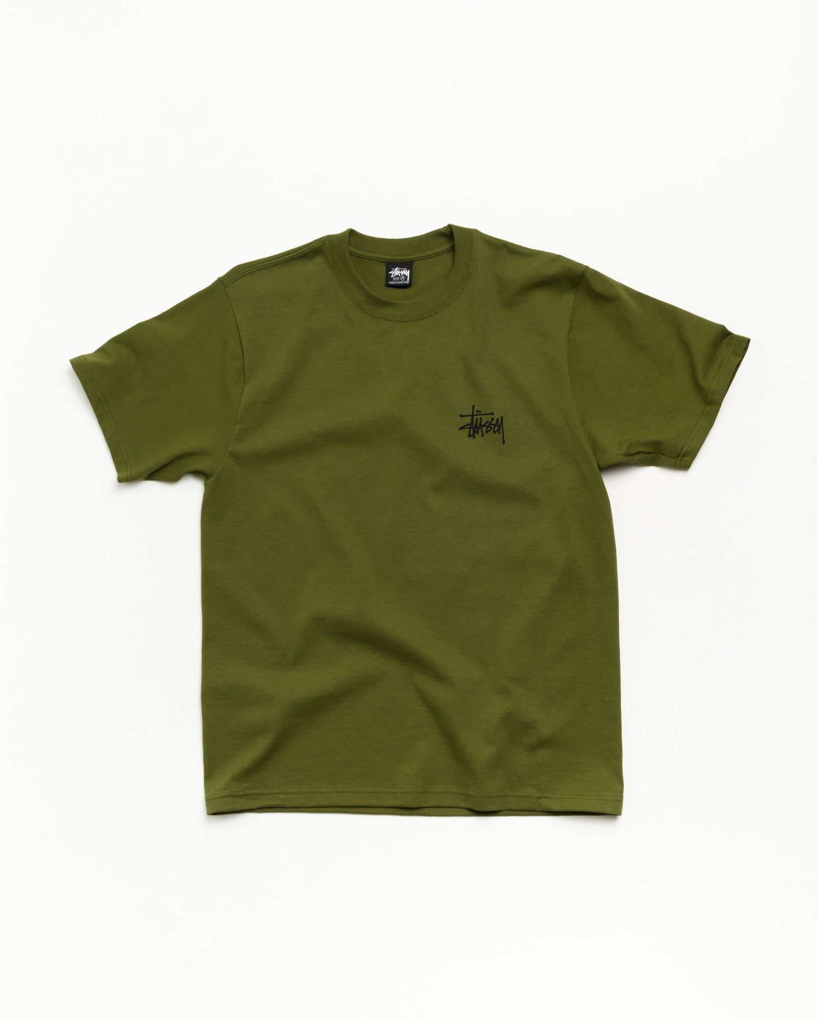 Basic Stüssy Tee Unisex Short Sleeve in Olive, cotton jersey | product-card-slider